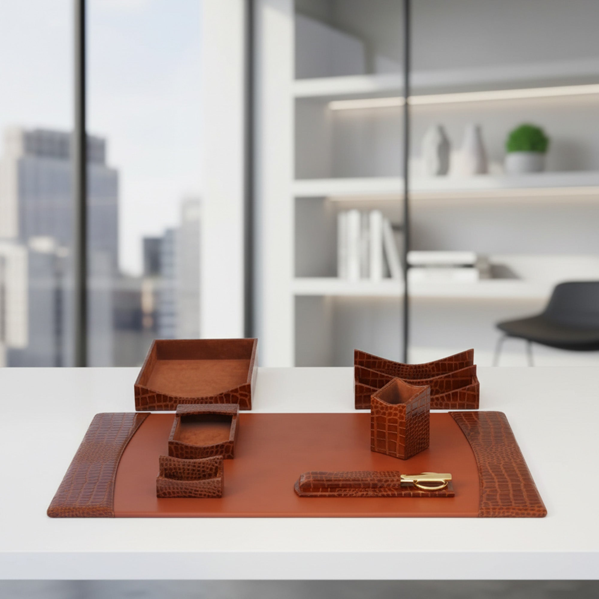 Protacini Cognac Brown Italian Crocodile Leather 7-Piece Desk Set