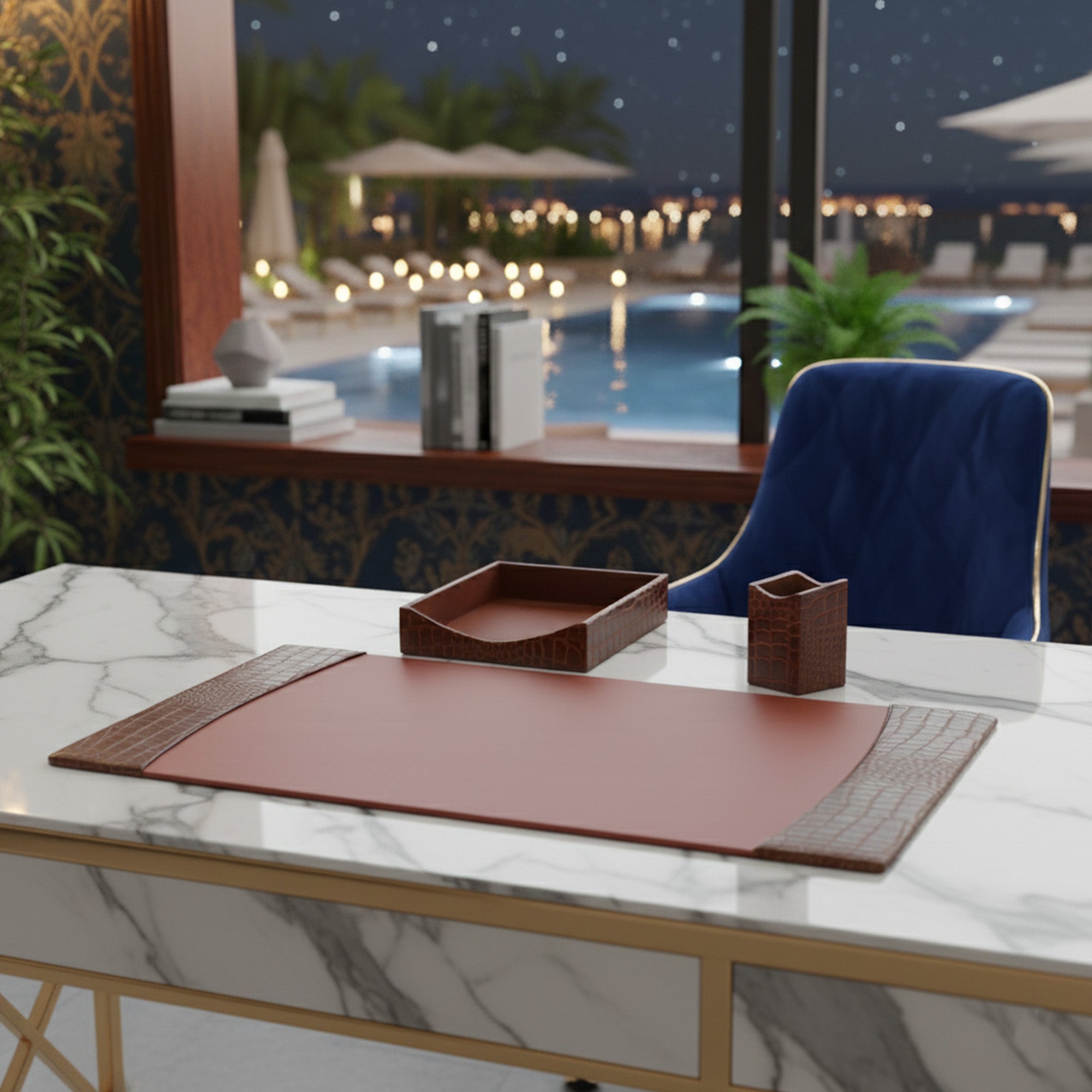 Protacini Cognac Brown Italian Crocodile Leather 3-Piece Desk Set