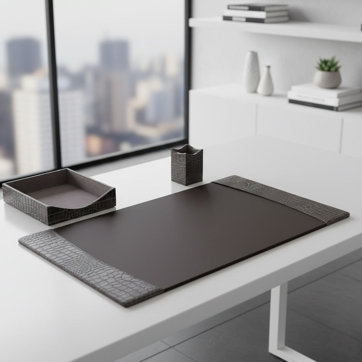 Protacini Castlerock Gray Italian Crocodile Leather 3-Piece Desk Set