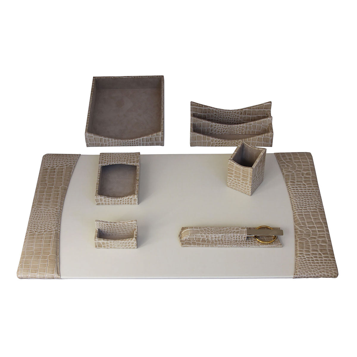 Protacini Breeze Beige Italian Crocodile Leather 7-Piece Desk Set