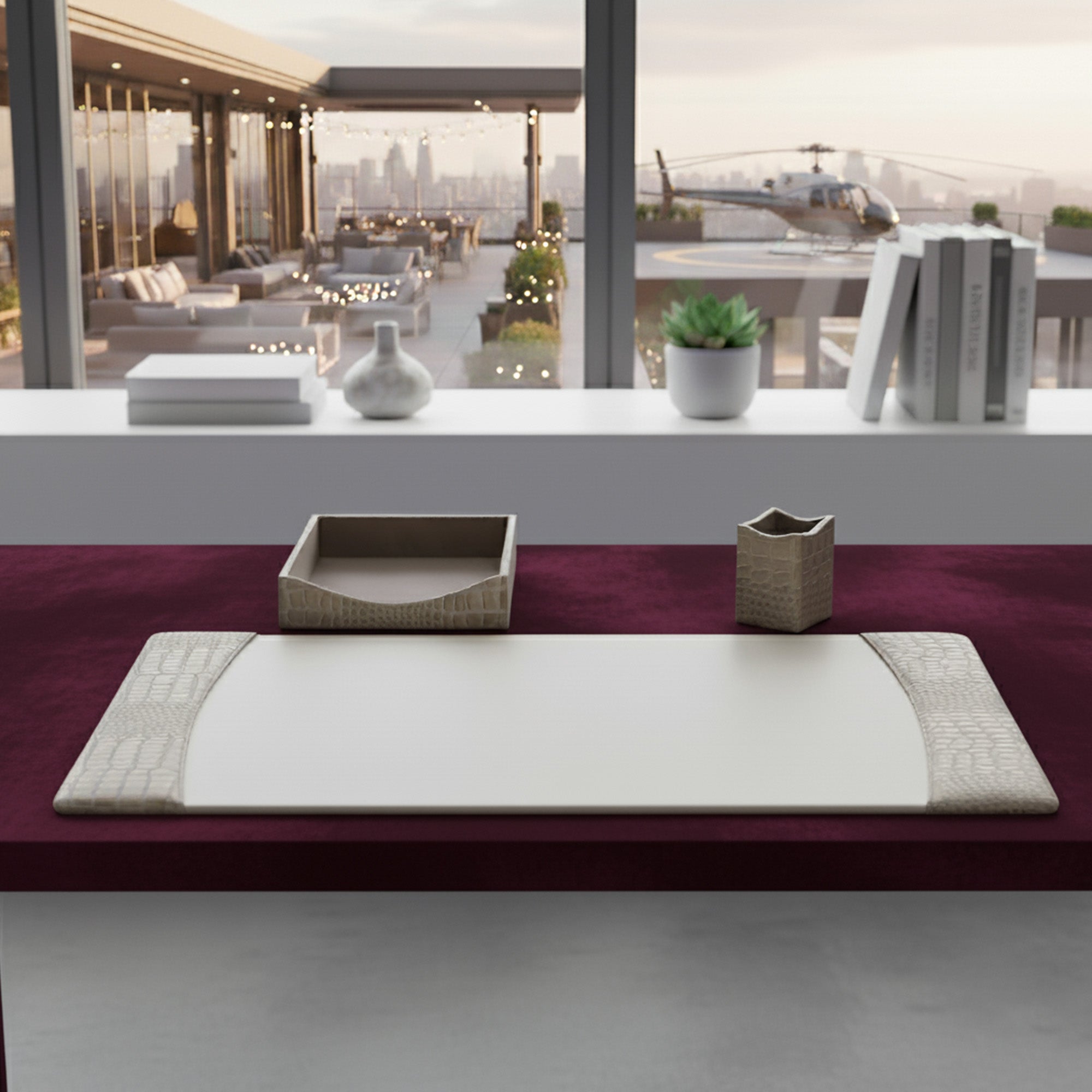 Protacini Breeze Beige Italian Crocodile Leather 3-Piece Desk Set