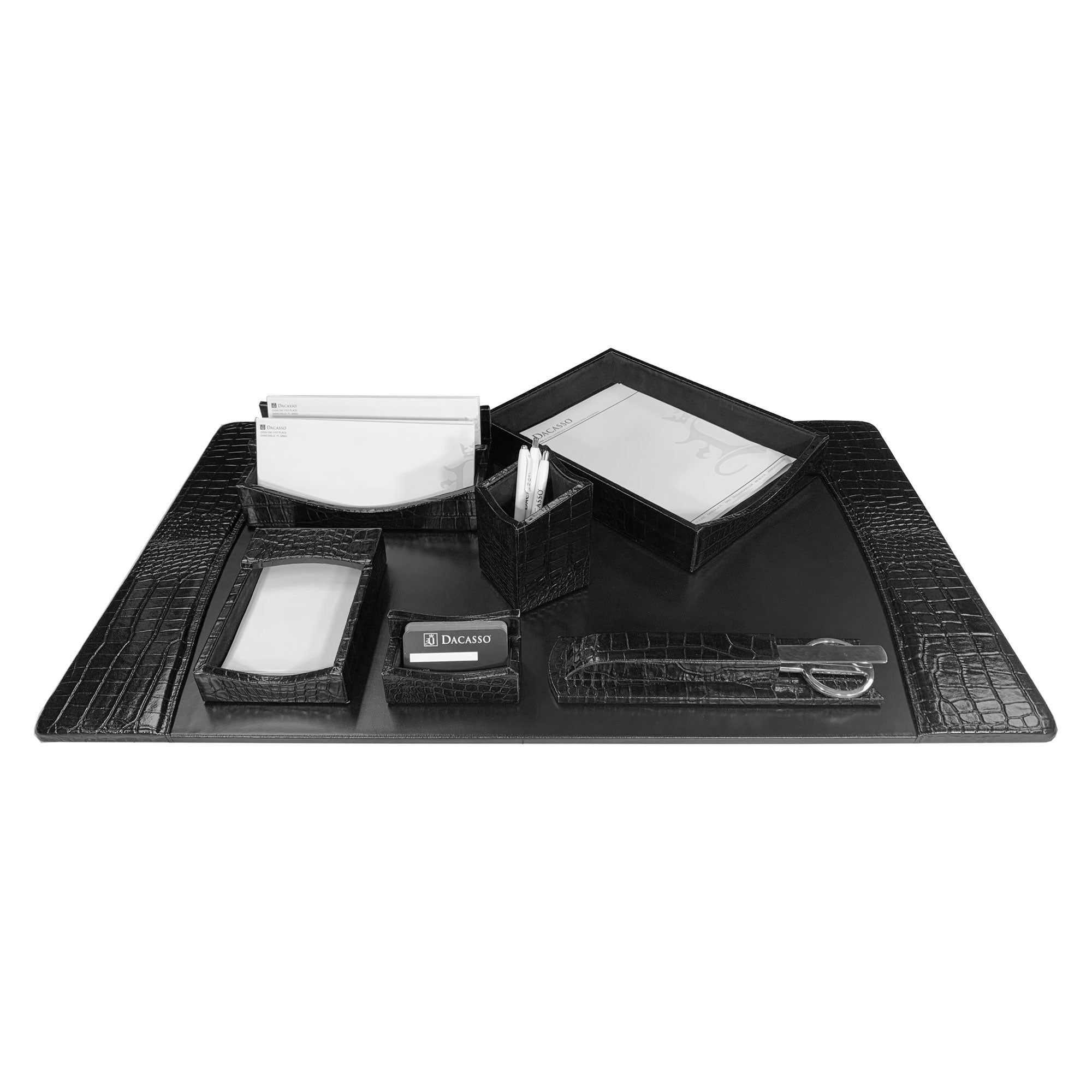 Protacini Black Italian Crocodile Leather 7-Piece Desk Set