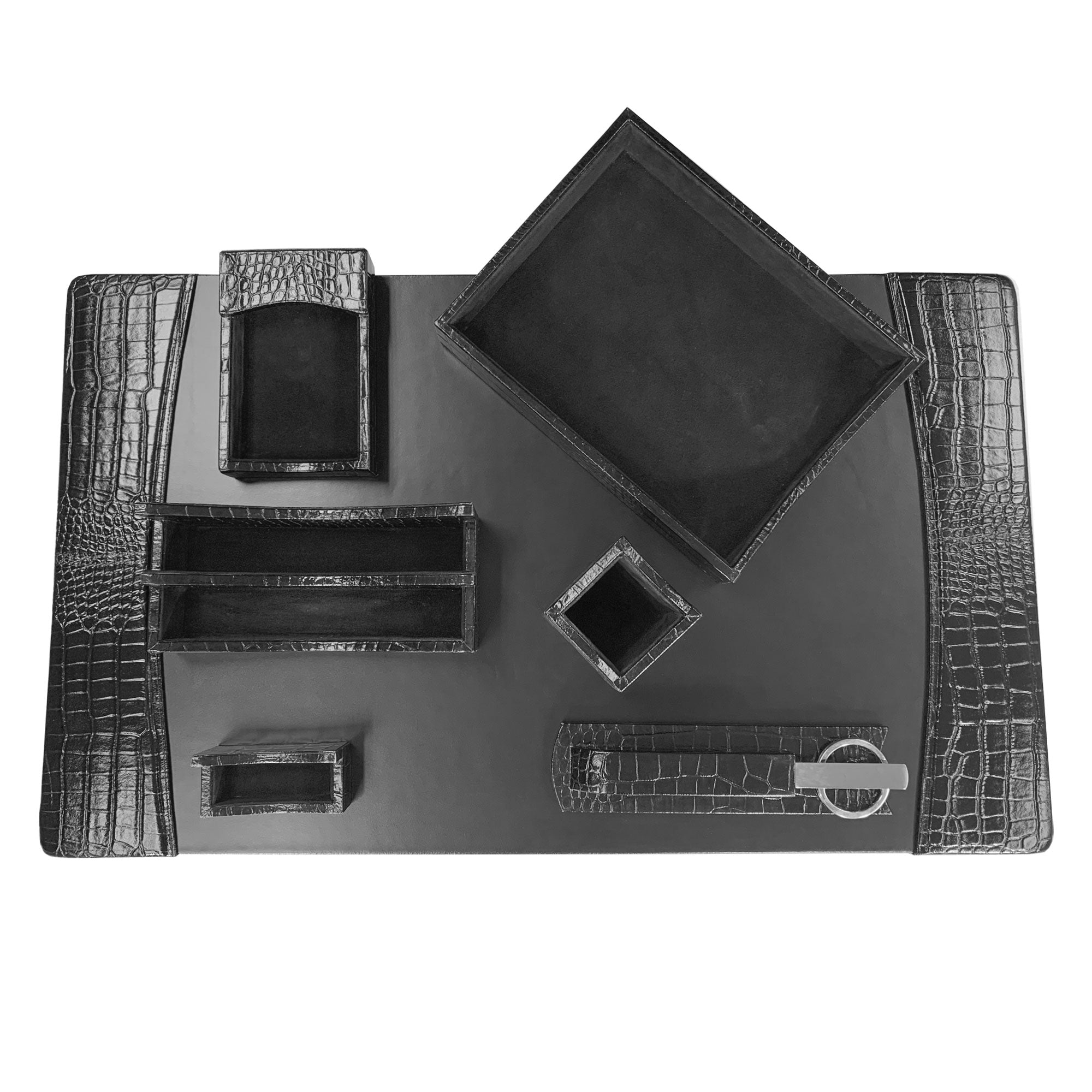 Protacini Black Italian Crocodile Leather 7-Piece Desk Set