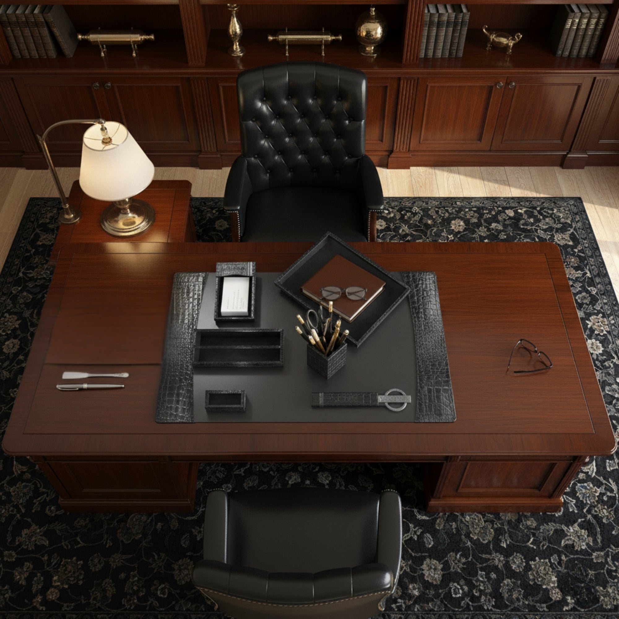 Protacini Black Italian Crocodile Leather 7-Piece Desk Set