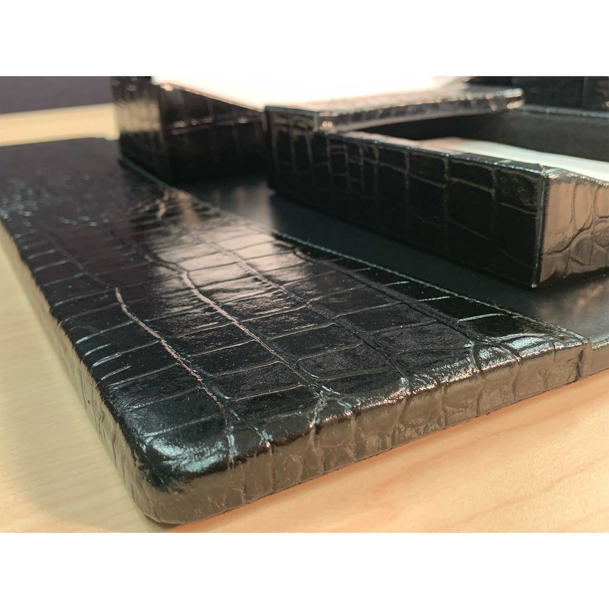 Protacini Black Italian Crocodile Leather 7-Piece Desk Set