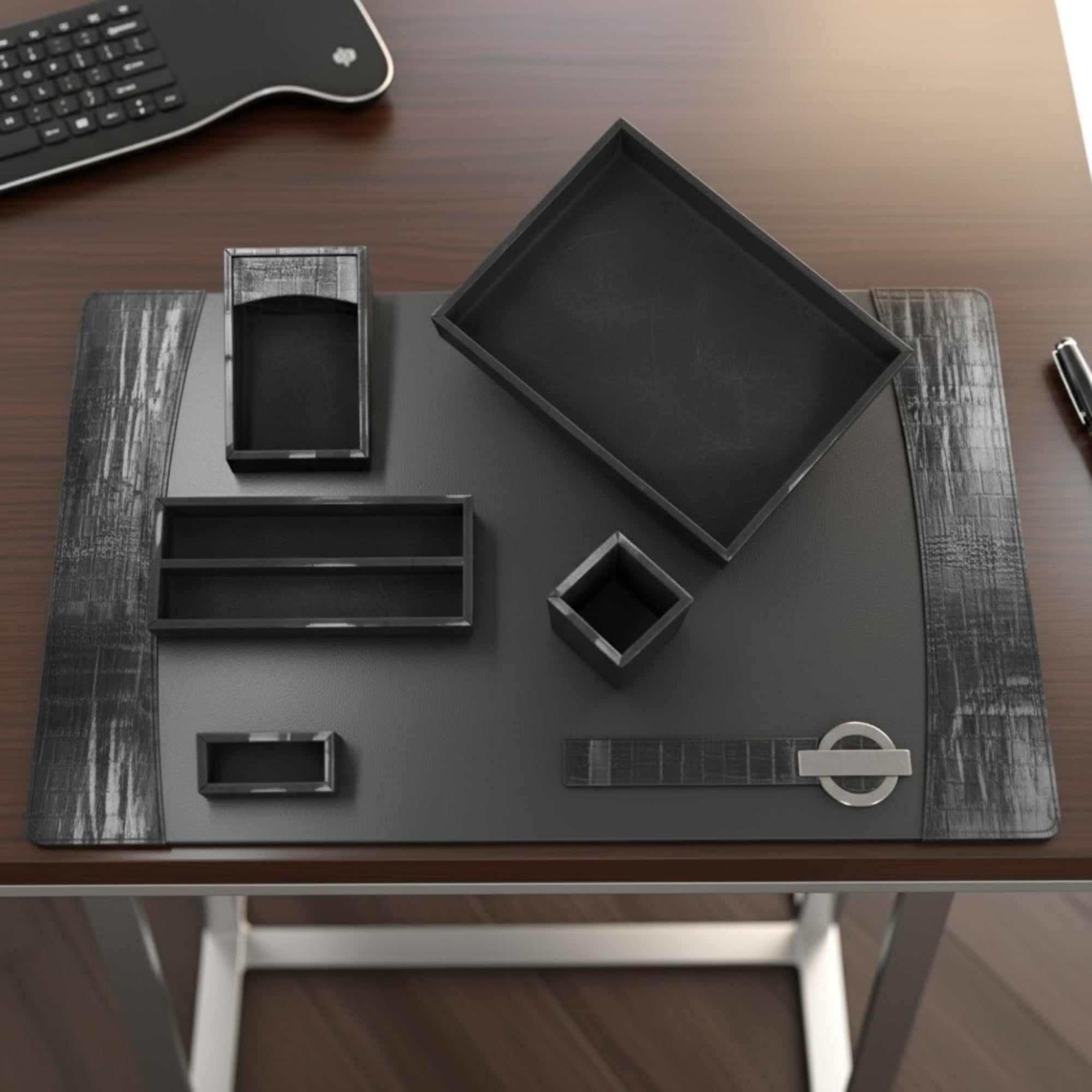 Protacini Black Italian Crocodile Leather 7-Piece Desk Set