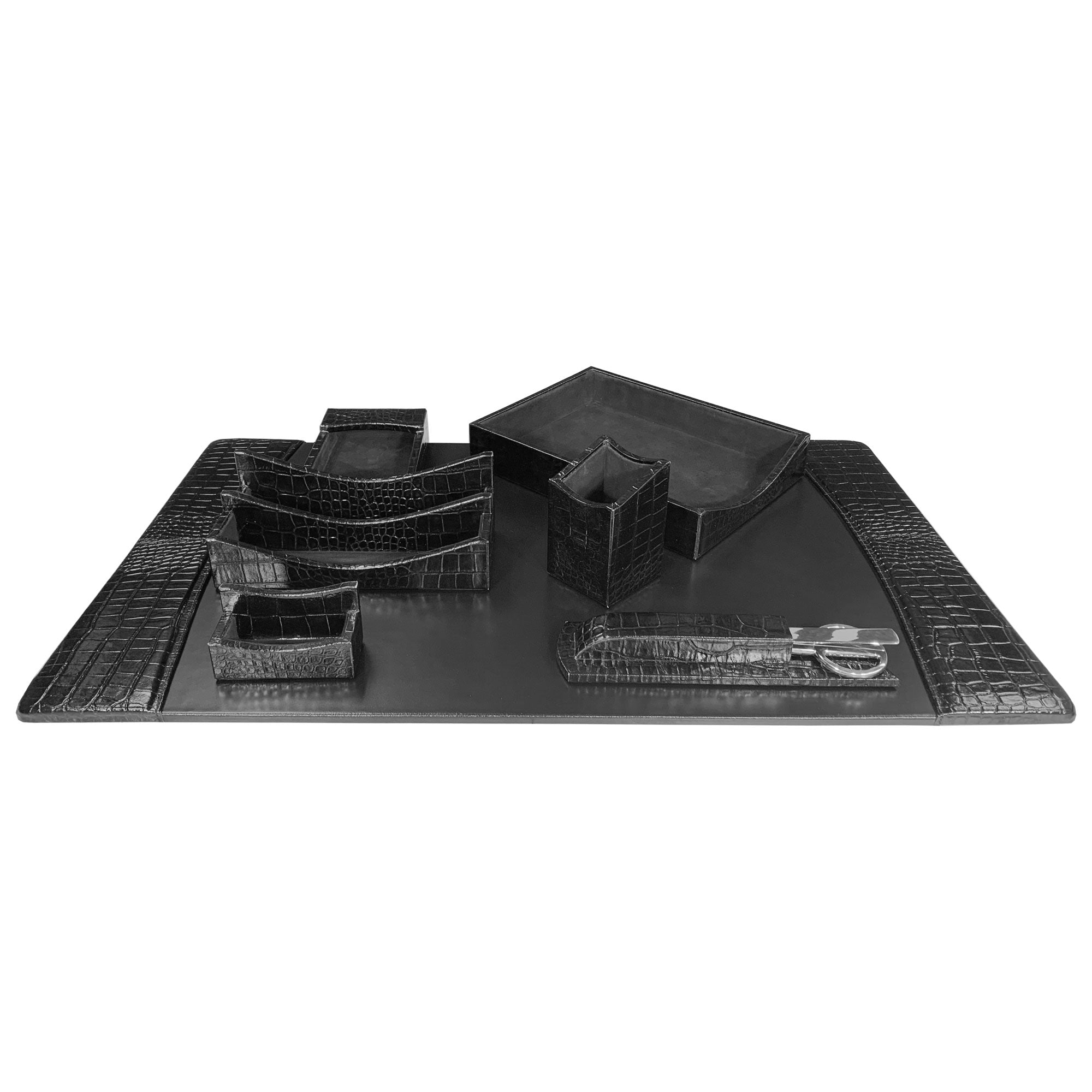 Protacini Black Italian Crocodile Leather 7-Piece Desk Set