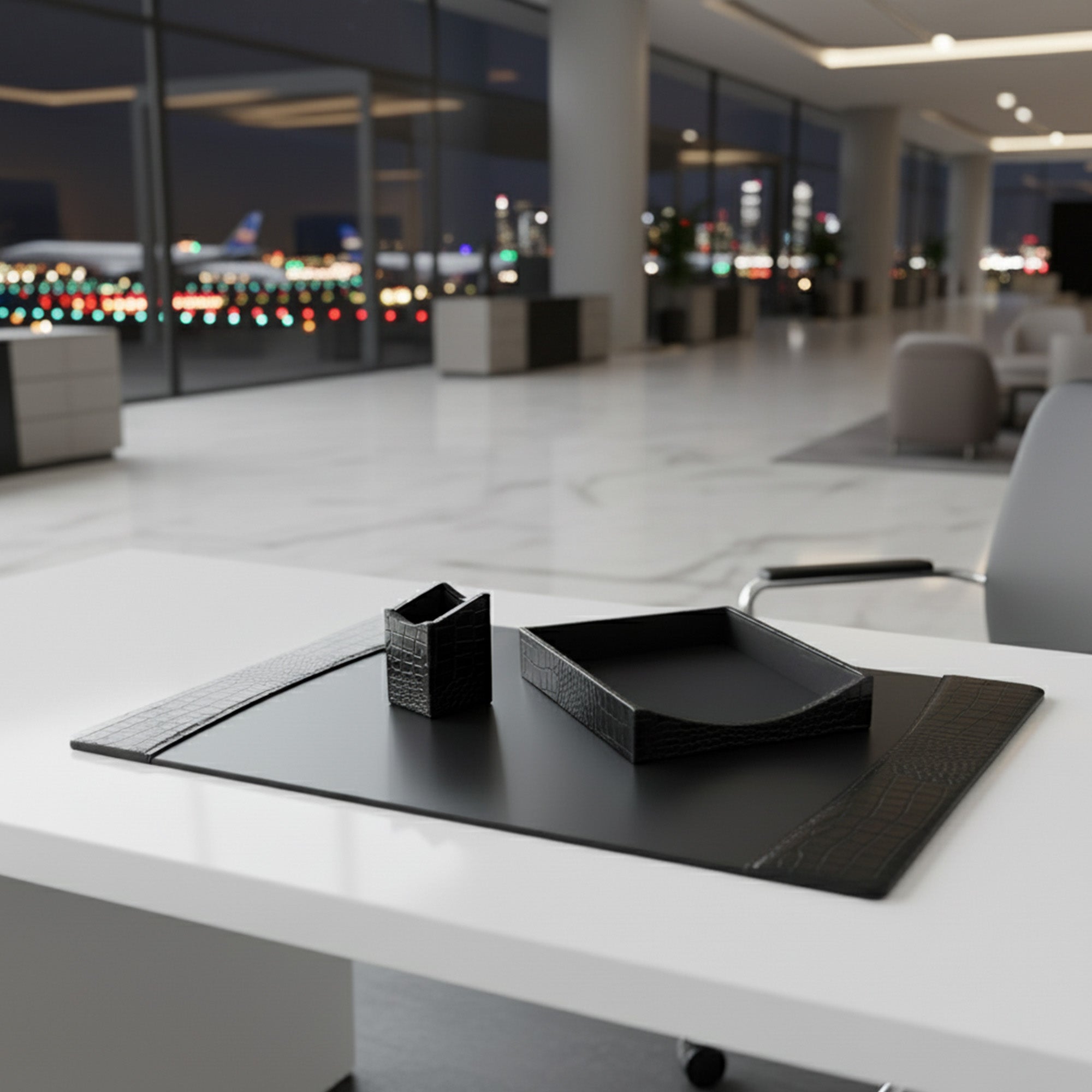 Protacini Black Italian Crocodile Leather 3-Piece Desk Set