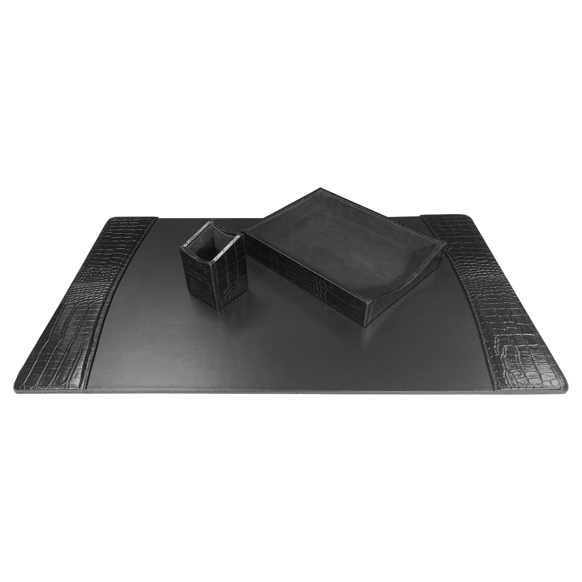 Protacini Black Italian Crocodile Leather 3-Piece Desk Set