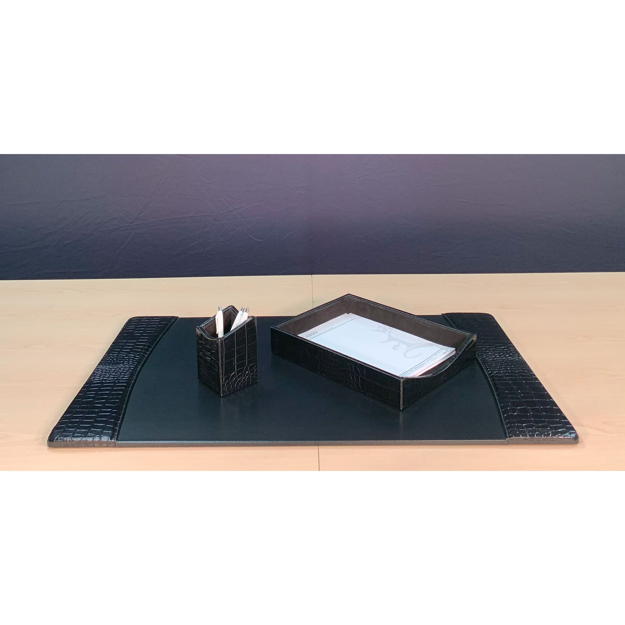 Protacini Black Italian Crocodile Leather 3-Piece Desk Set