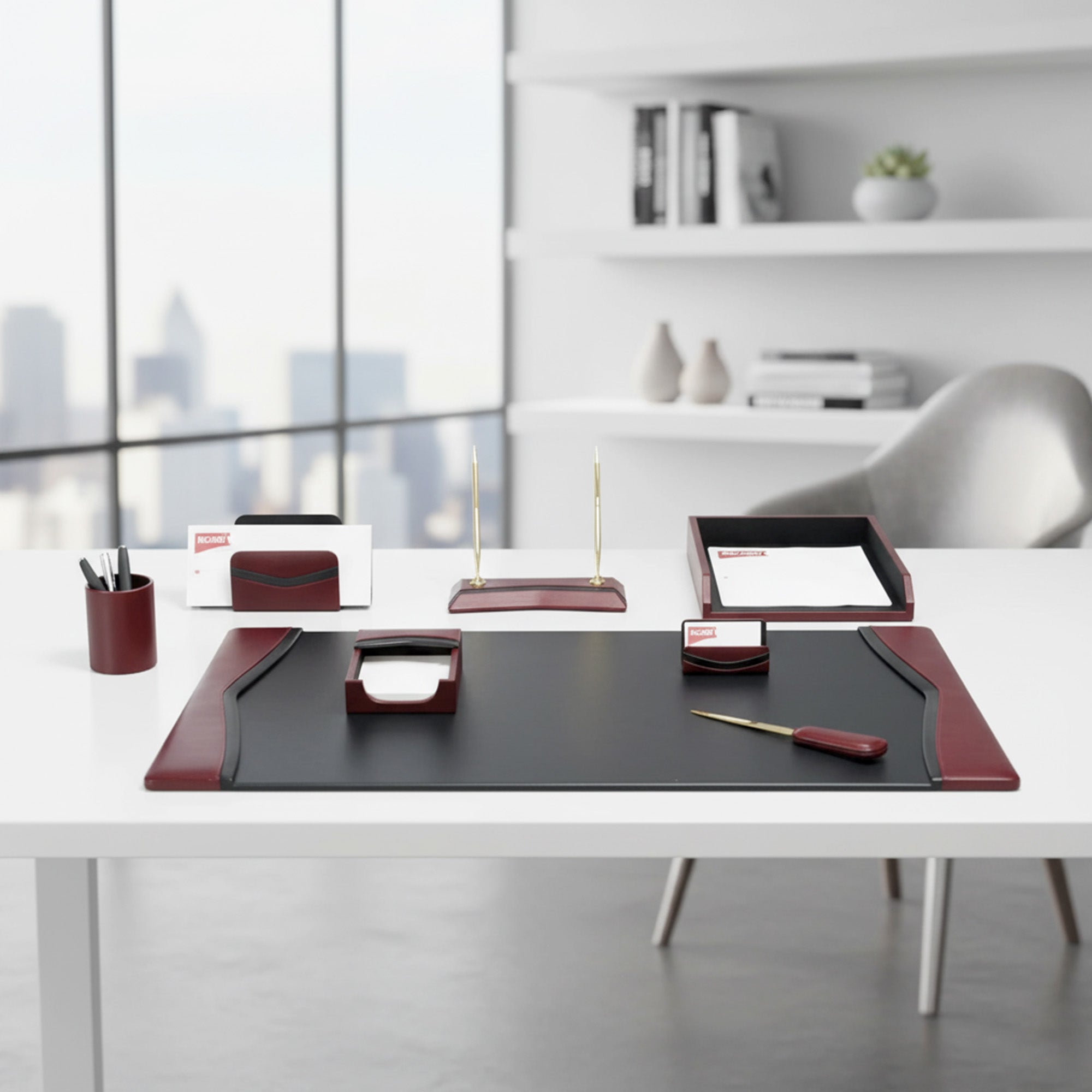 Burgundy Contemporary Leather 8-Piece Desk Set