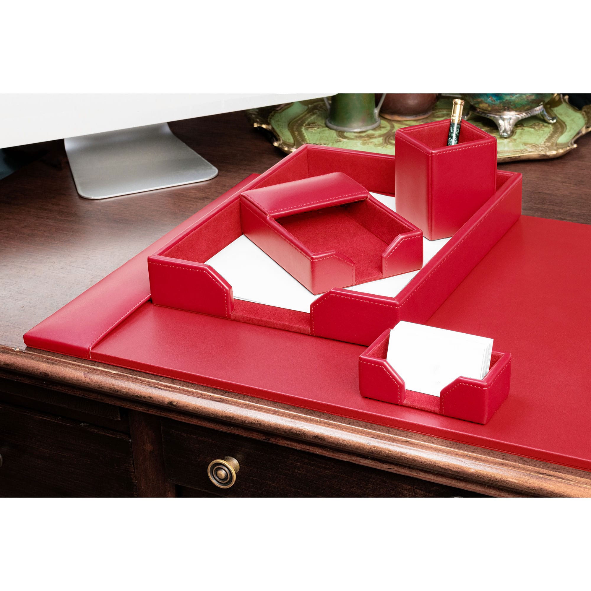 Red Bonded Leather 5-Piece Desk Set