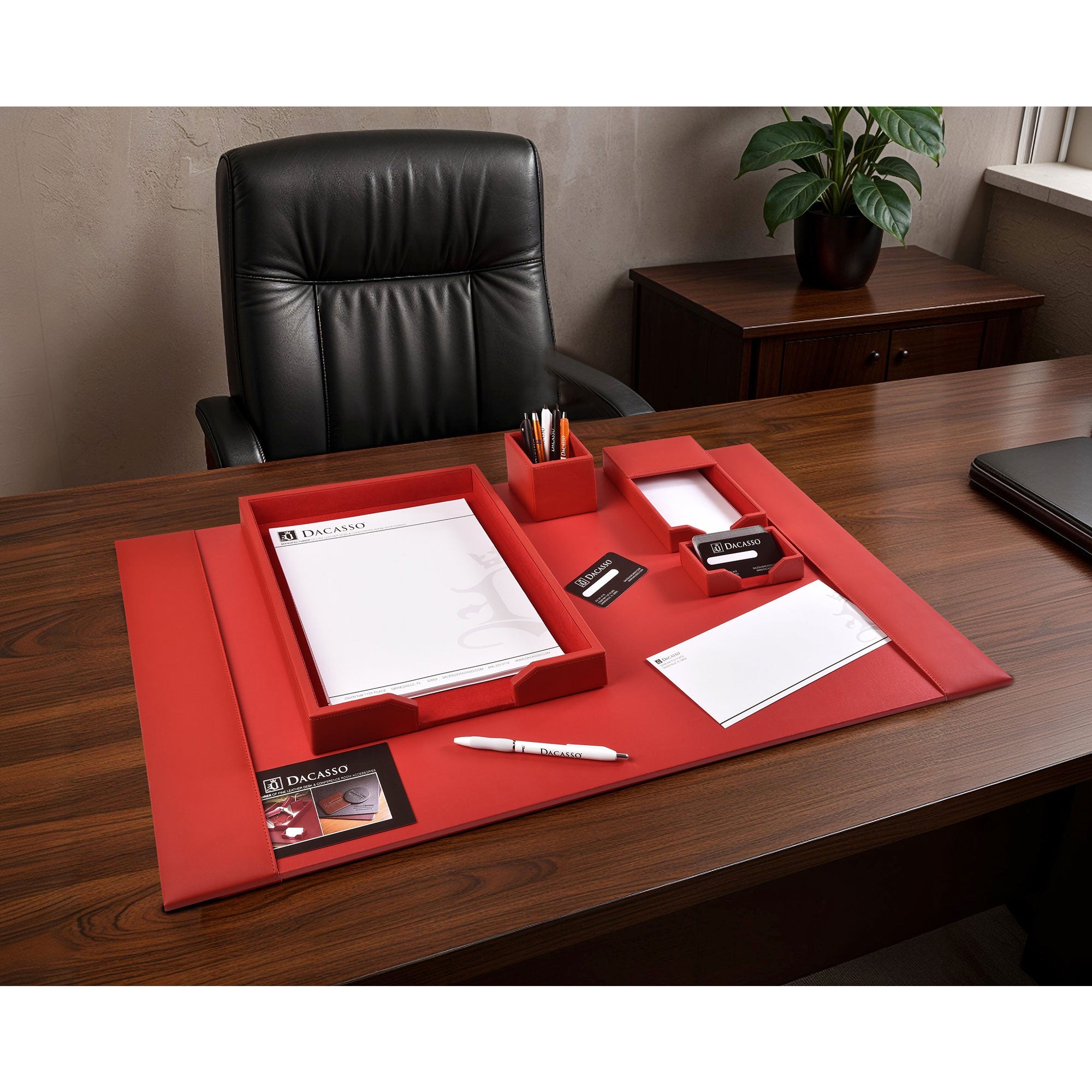 Red Bonded Leather 5-Piece Desk Set