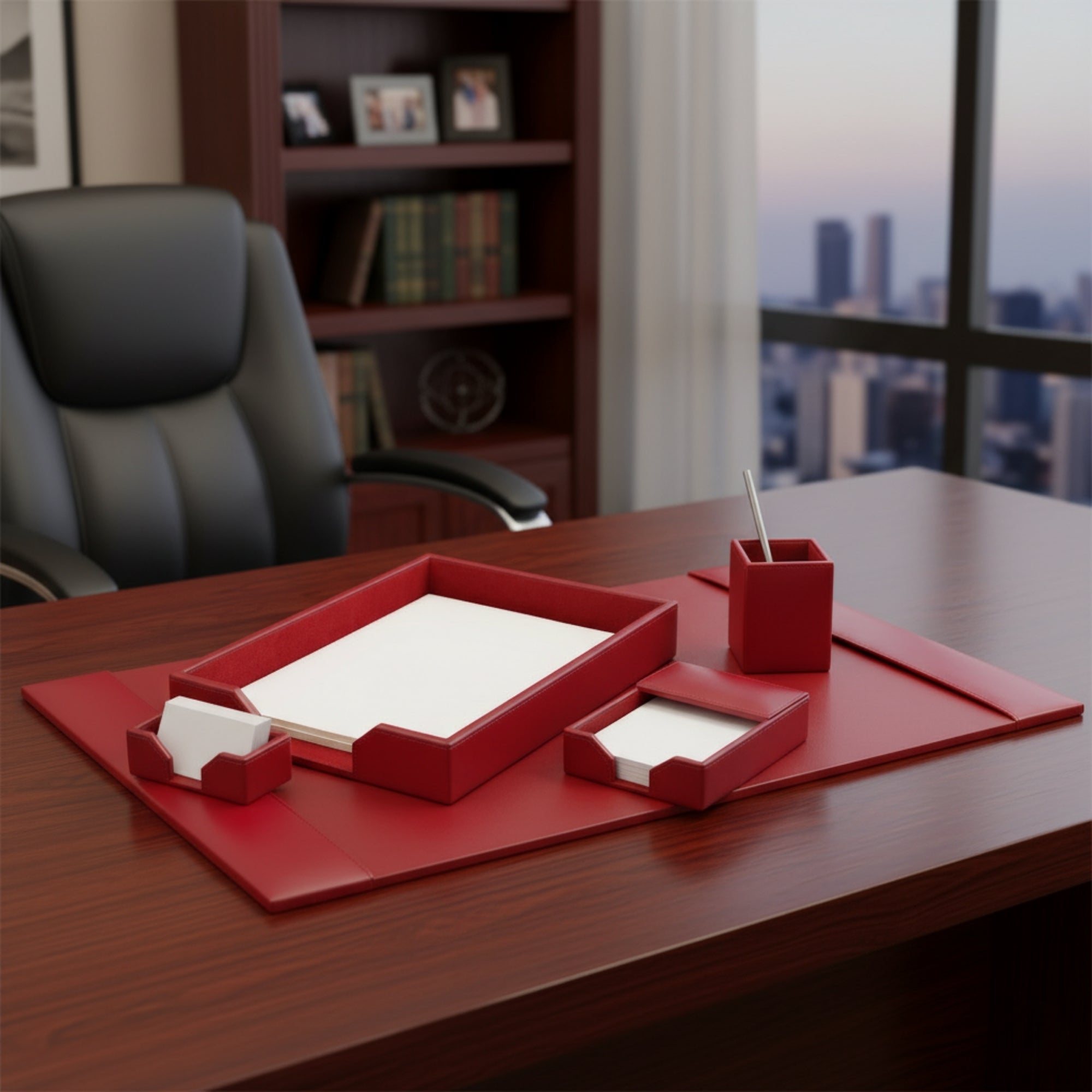 Red Bonded Leather 5-Piece Desk Set