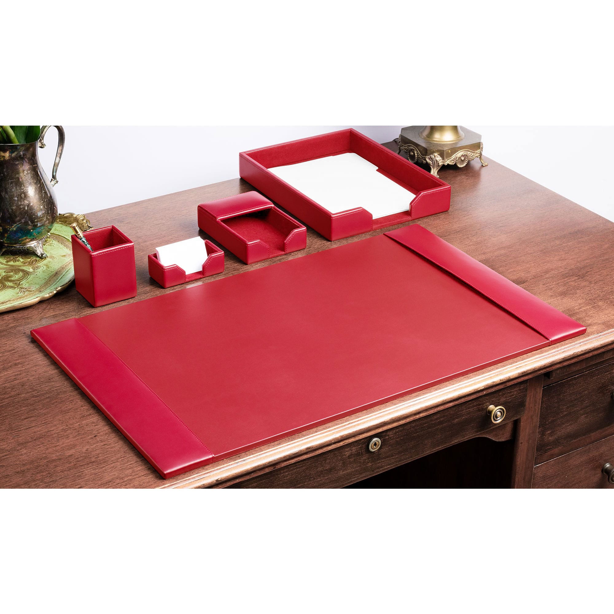 Red Bonded Leather 5-Piece Desk Set