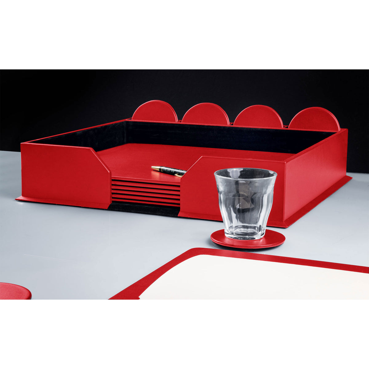 10 Seat Red Leather Conference Room Set w/ Round Coasters, 17 x 14 Size Pads