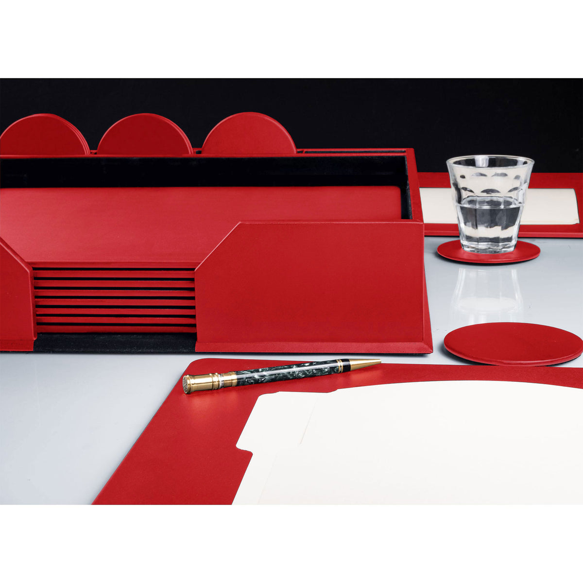 10 Seat Red Leather Conference Room Set w/ Round Coasters, 17 x 14 Size Pads