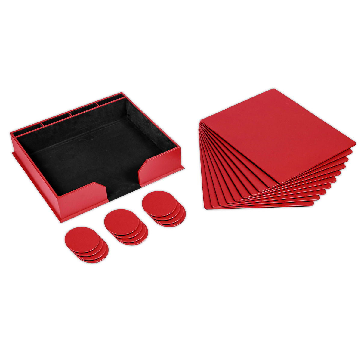 10 Seat Red Leather Conference Room Set w/ Square Coasters, 17 x 14 Size Pads