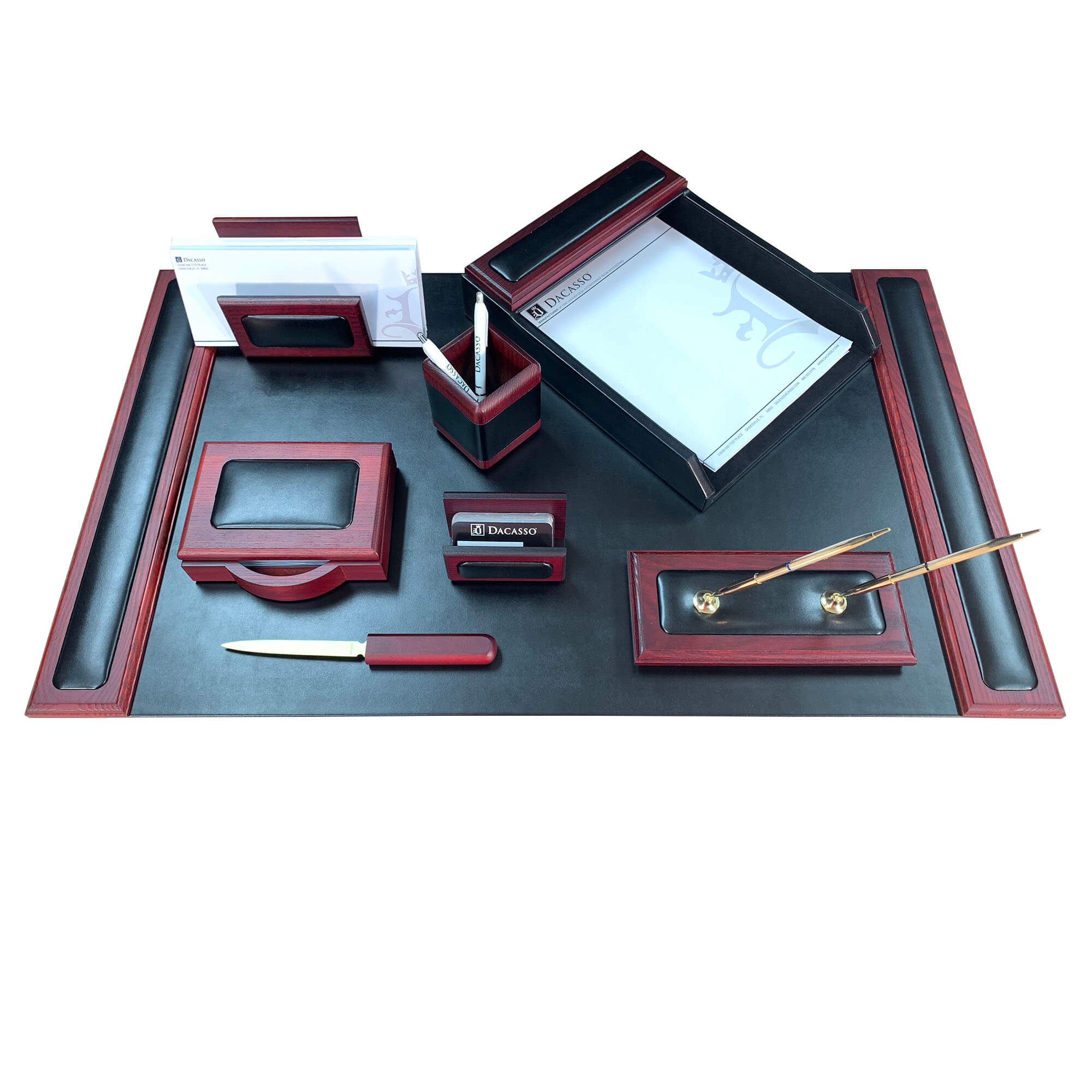 Mahogany (Rosewood) & Black Leather 8-Piece Desk Set