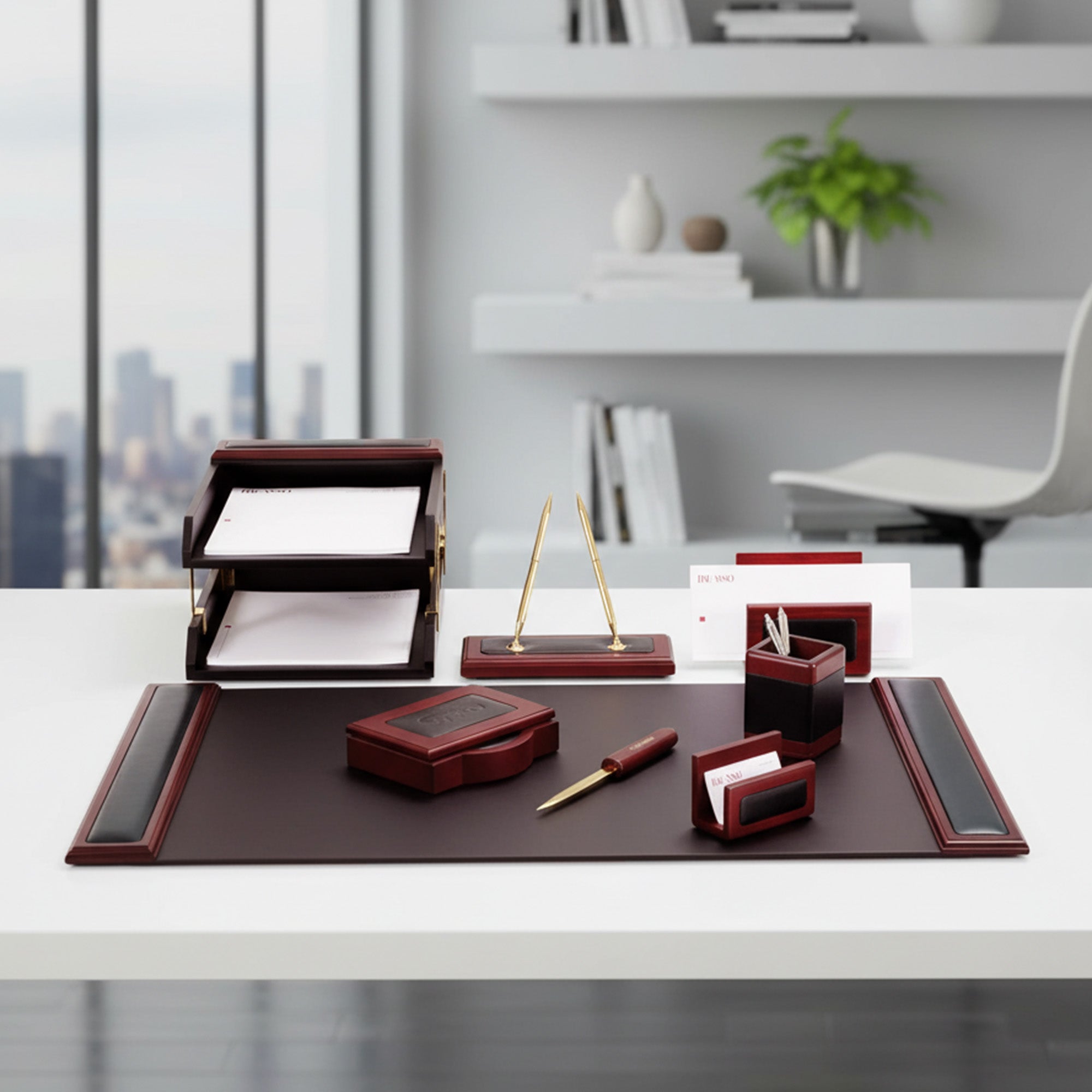 Mahogany (Rosewood) & Black Leather 10-Piece Desk Set