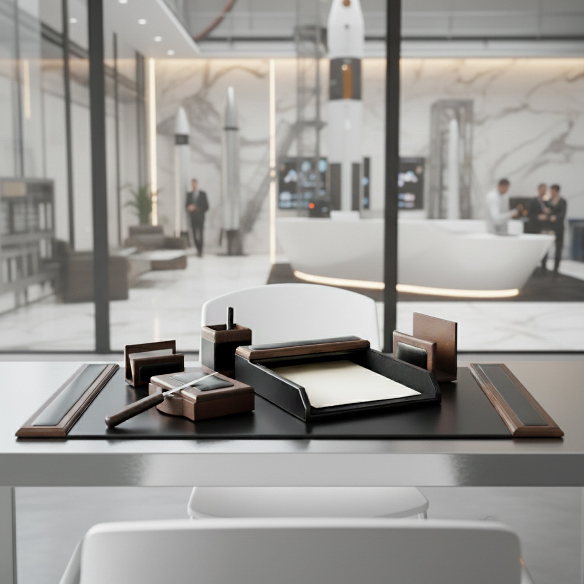 Walnut & Black Leather 7-Piece Desk Set