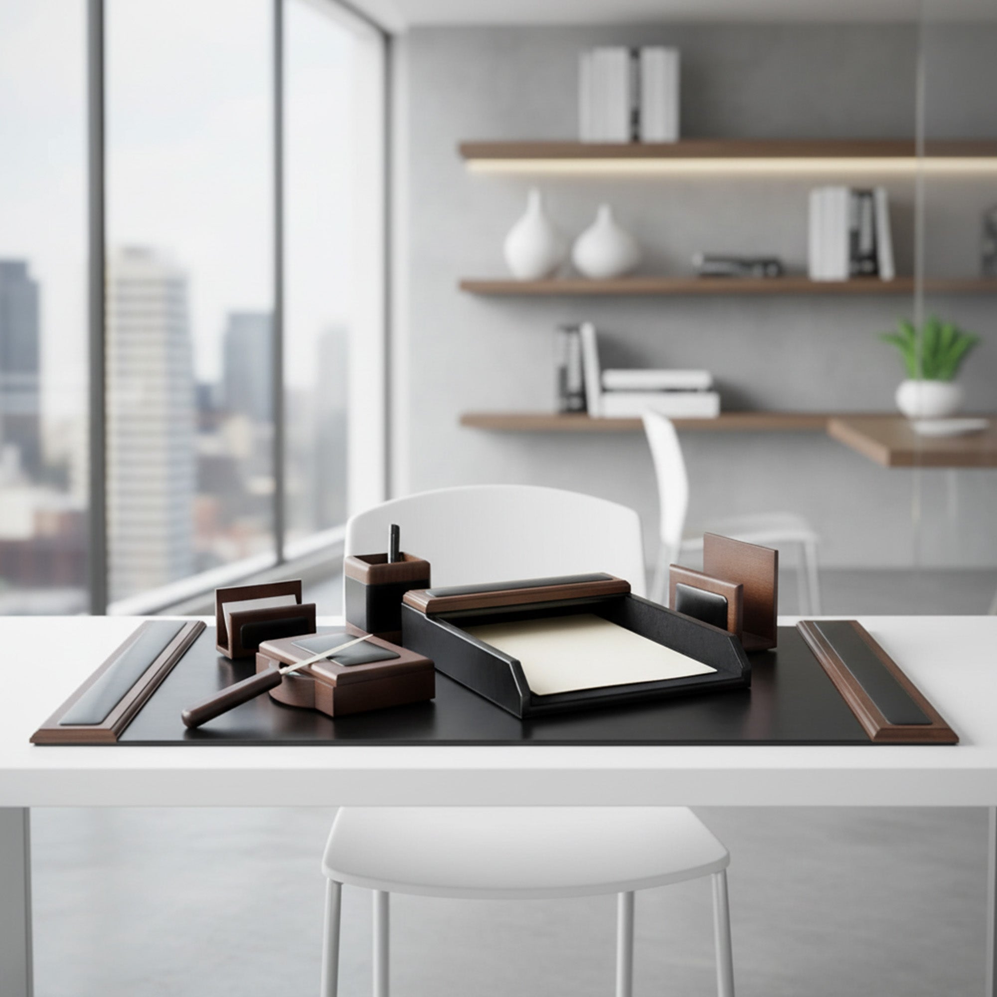 Walnut & Black Leather 7-Piece Desk Set