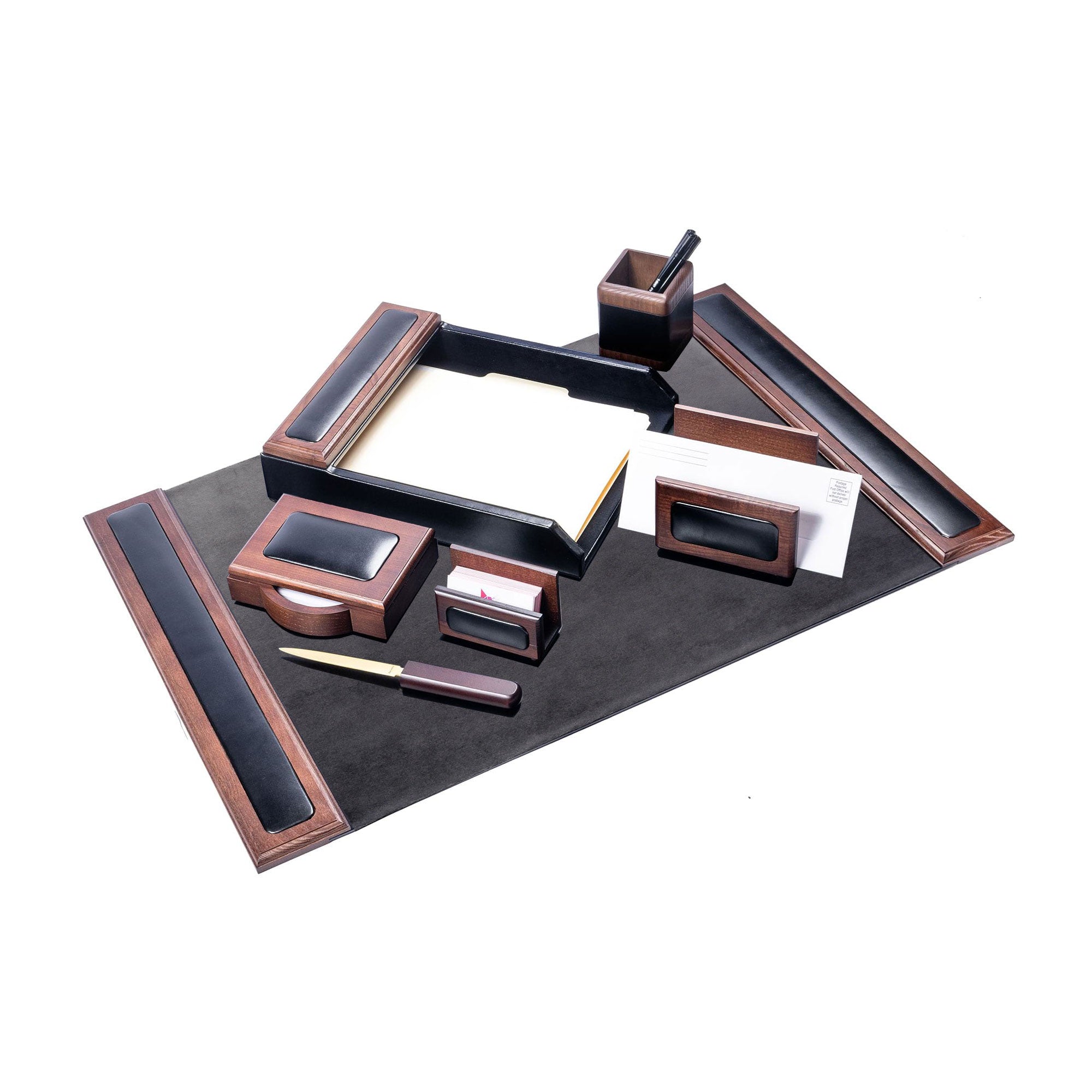 Walnut & Leather 7-Piece Desk Set with 25.5" x 17.25" Desk Pad