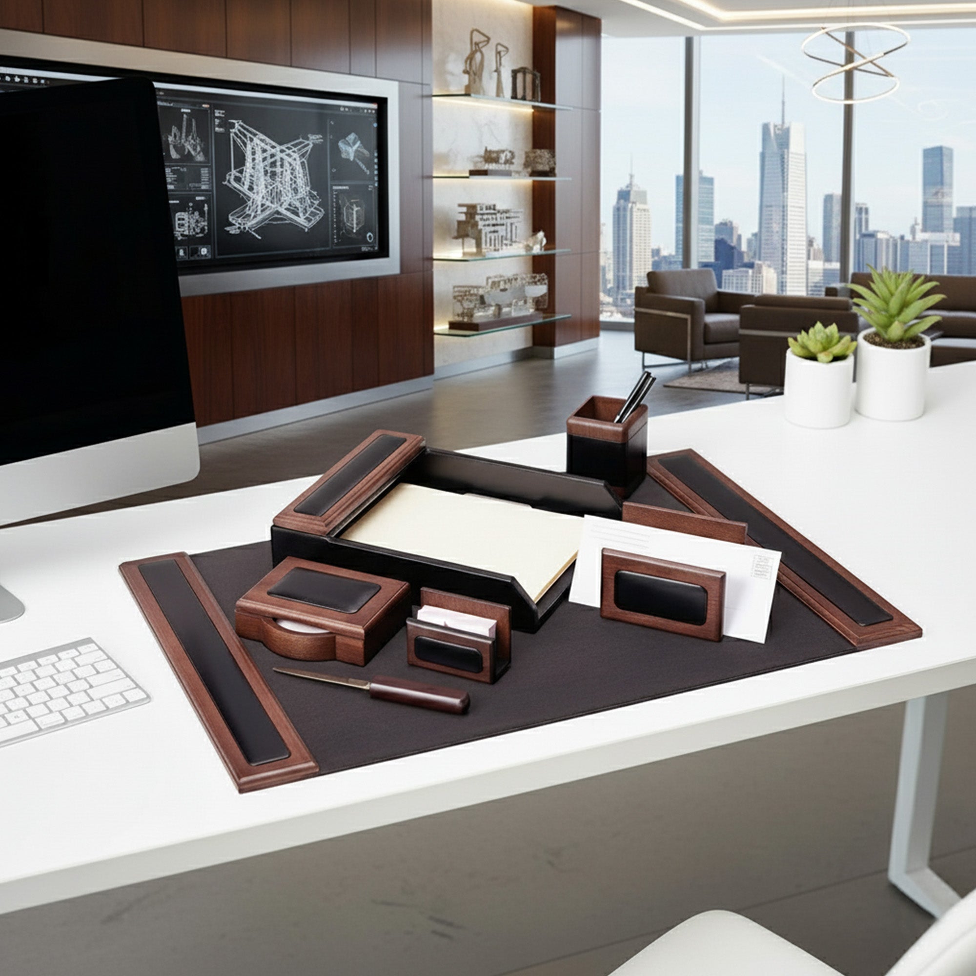 Walnut & Leather 7-Piece Desk Set with 25.5" x 17.25" Desk Pad