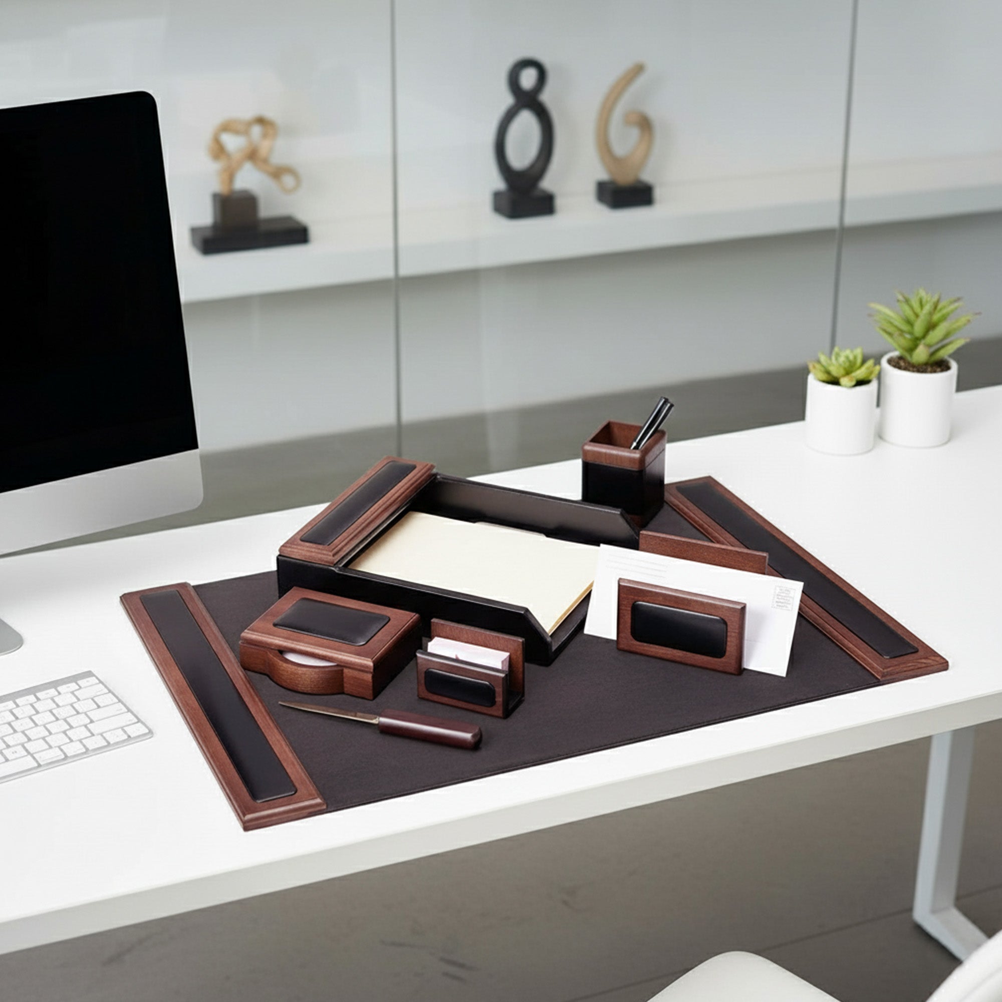 Walnut & Leather 7-Piece Desk Set with 25.5" x 17.25" Desk Pad