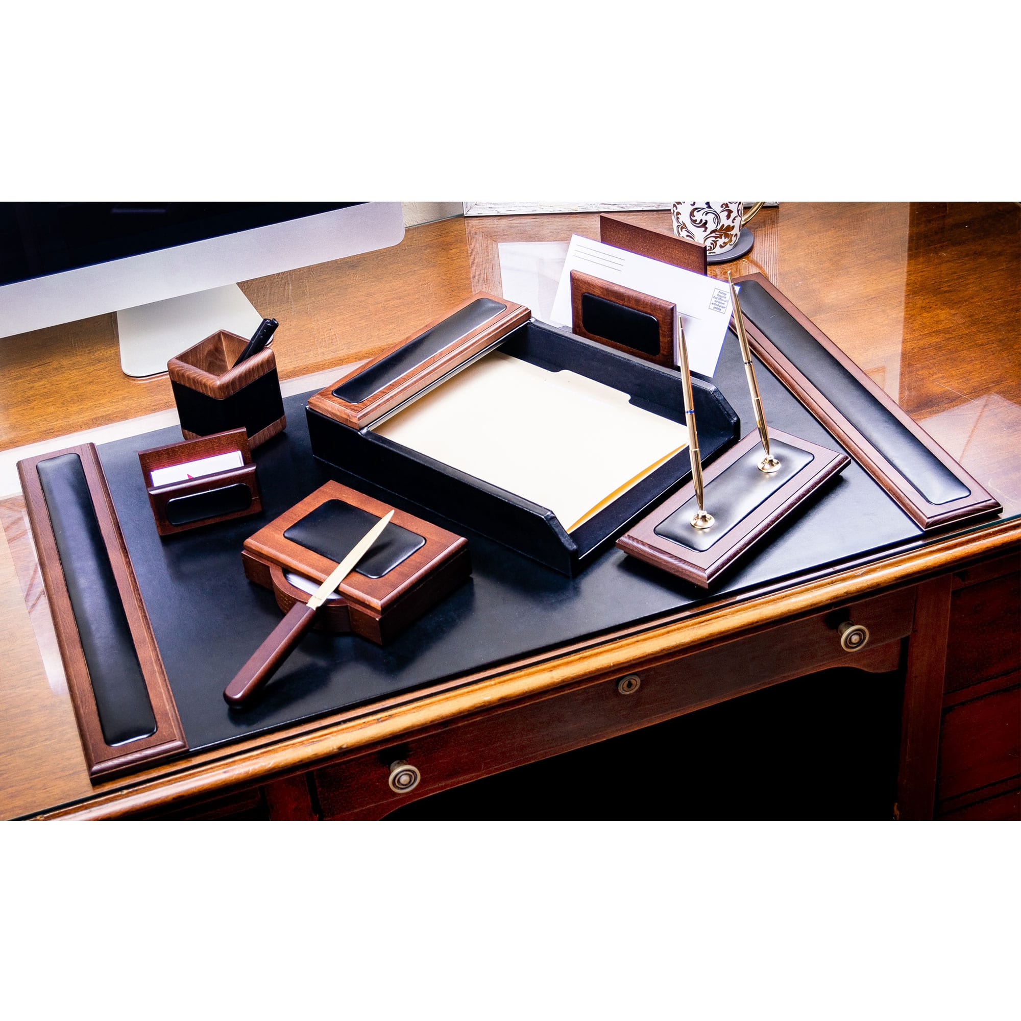 Walnut & Leather 8-Piece Desk Set