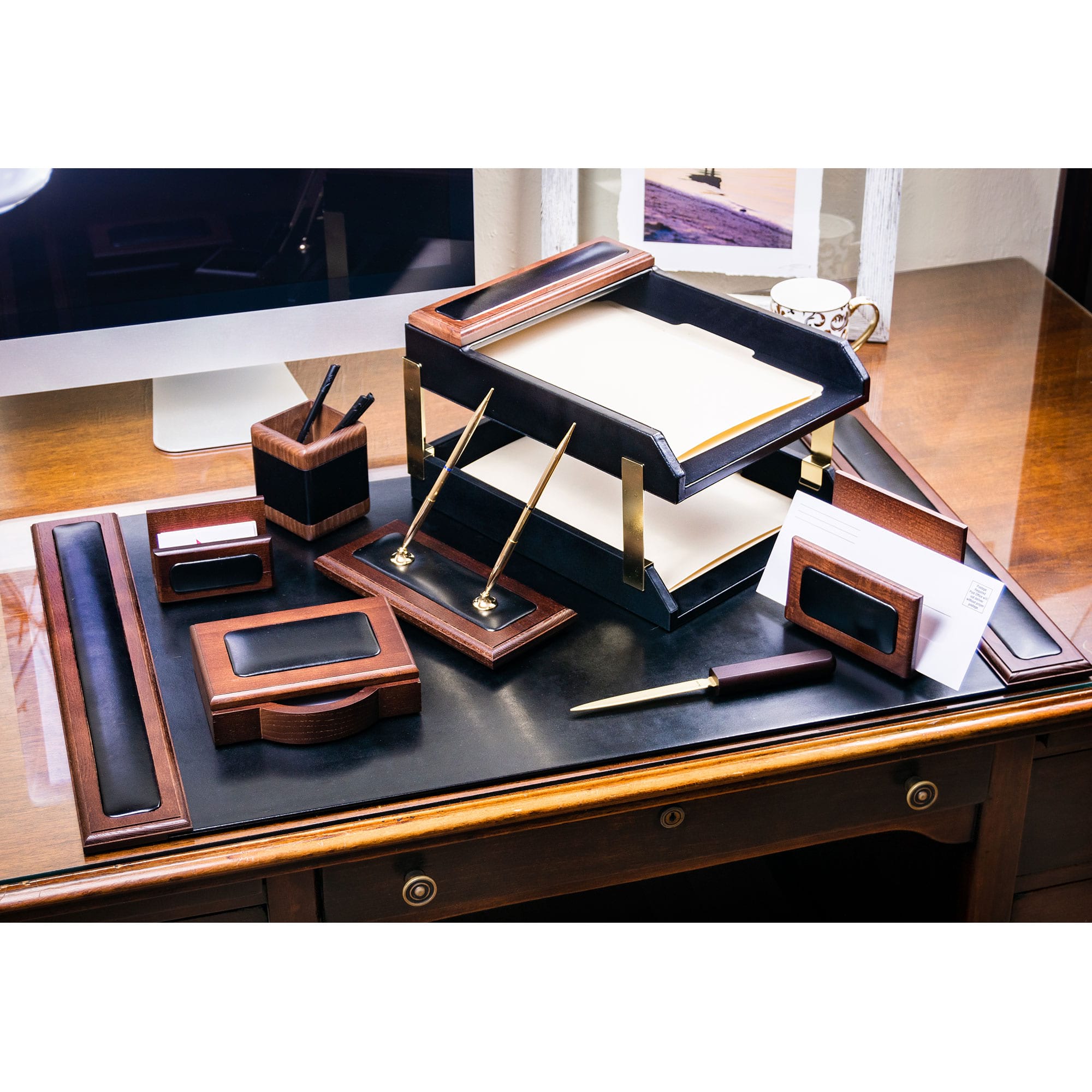Walnut & Leather 10-Piece Desk Set