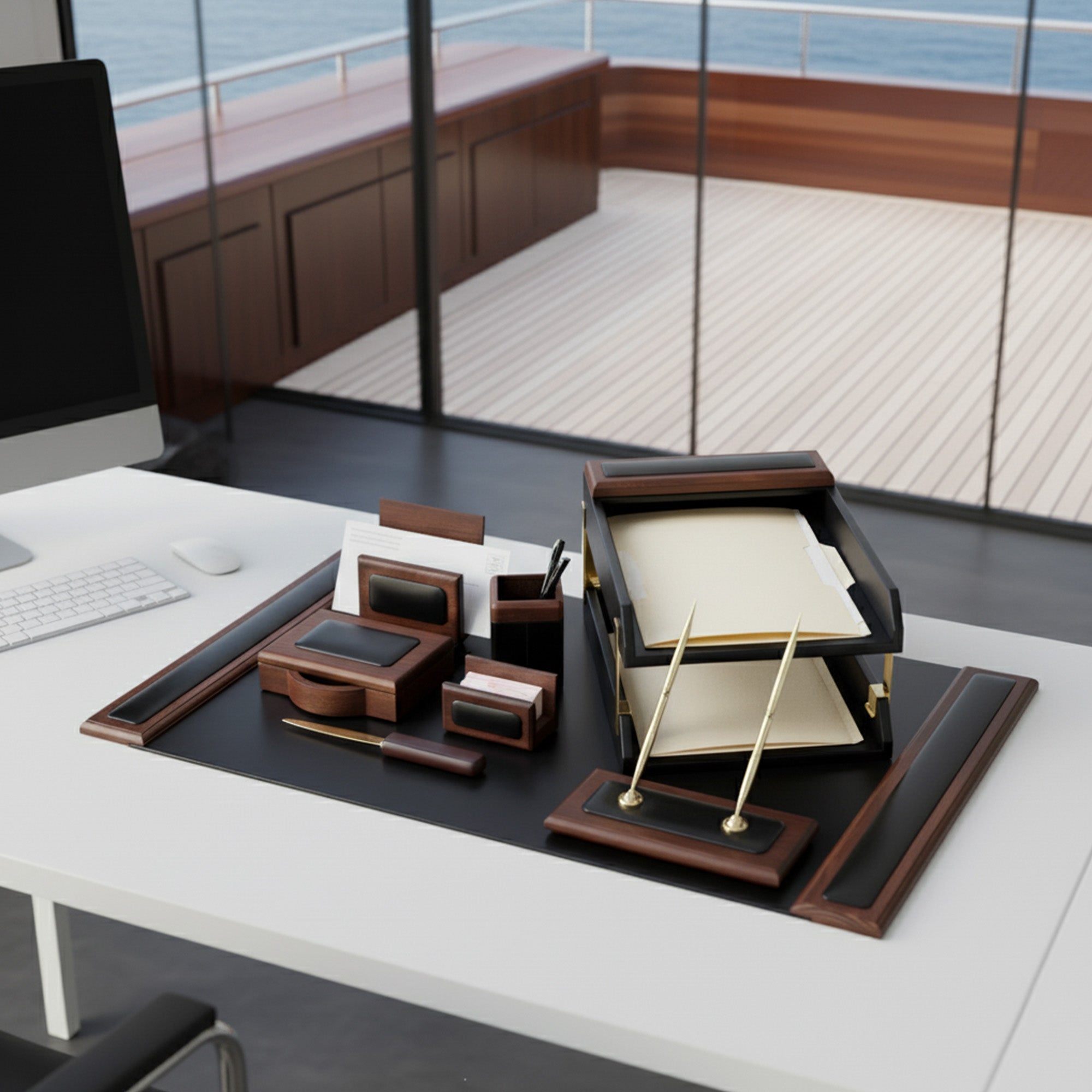 Walnut & Leather 10-Piece Desk Set