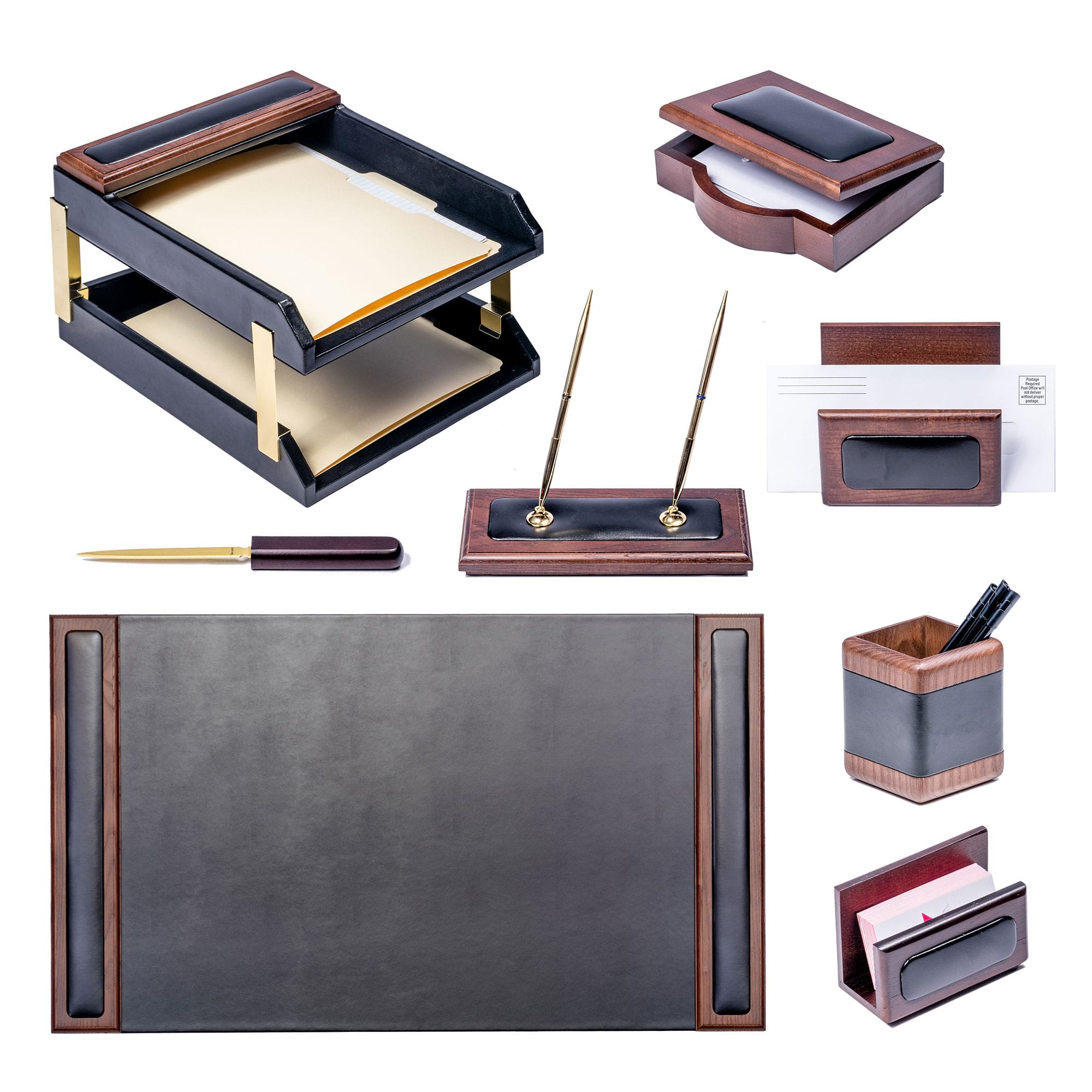 Walnut & Leather 10-Piece Desk Set