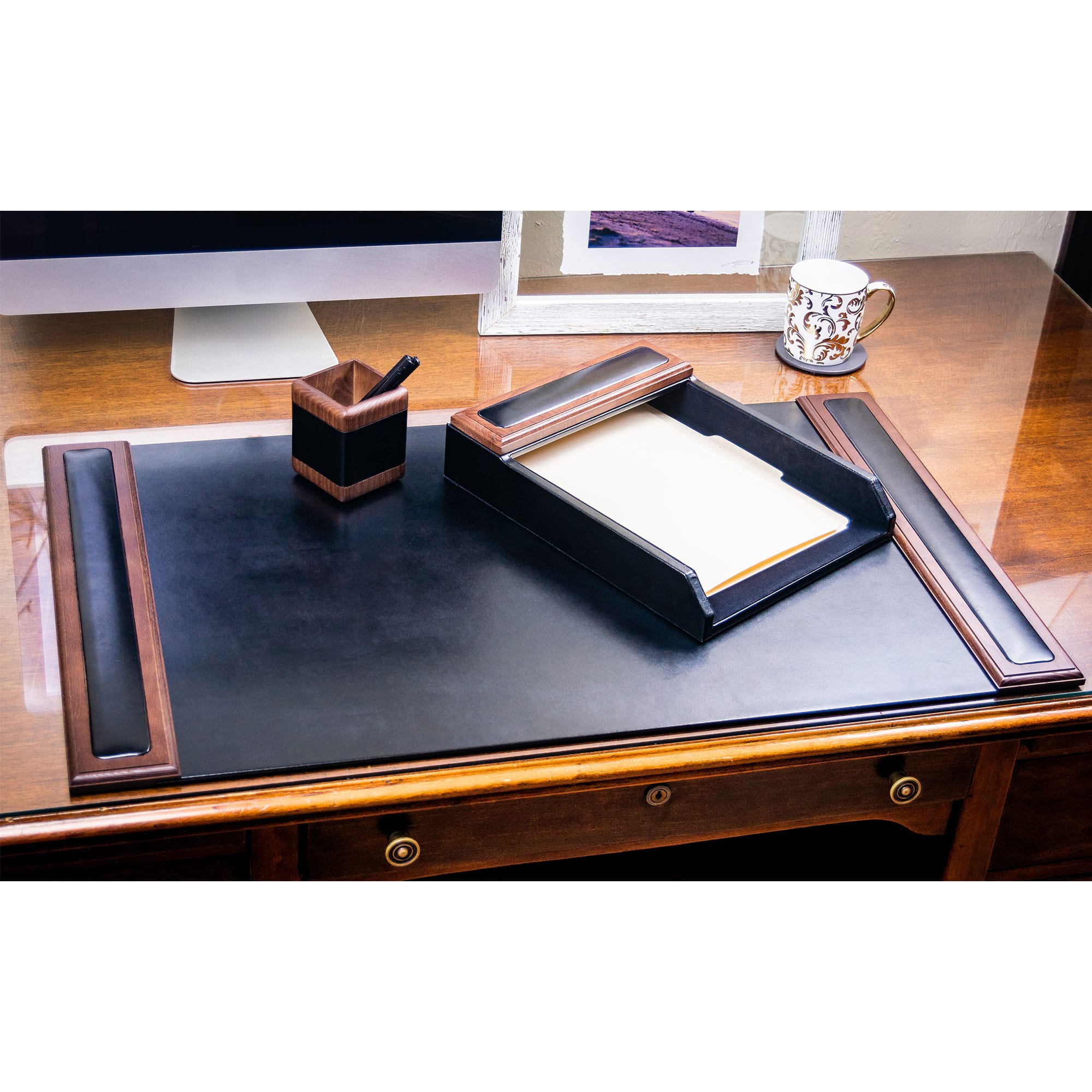 Walnut & Leather 3-Piece Desk Set