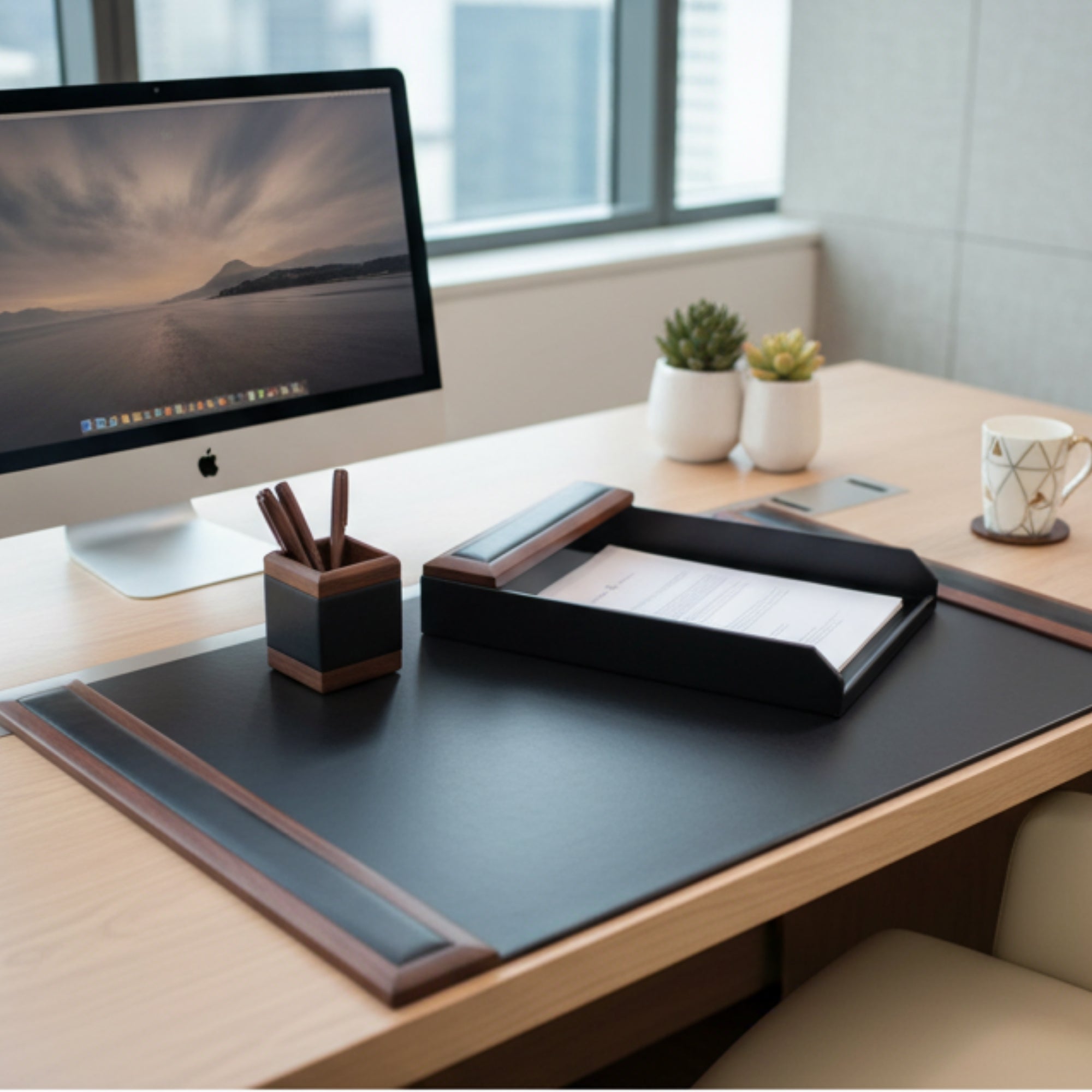 Walnut & Leather 3-Piece Desk Set