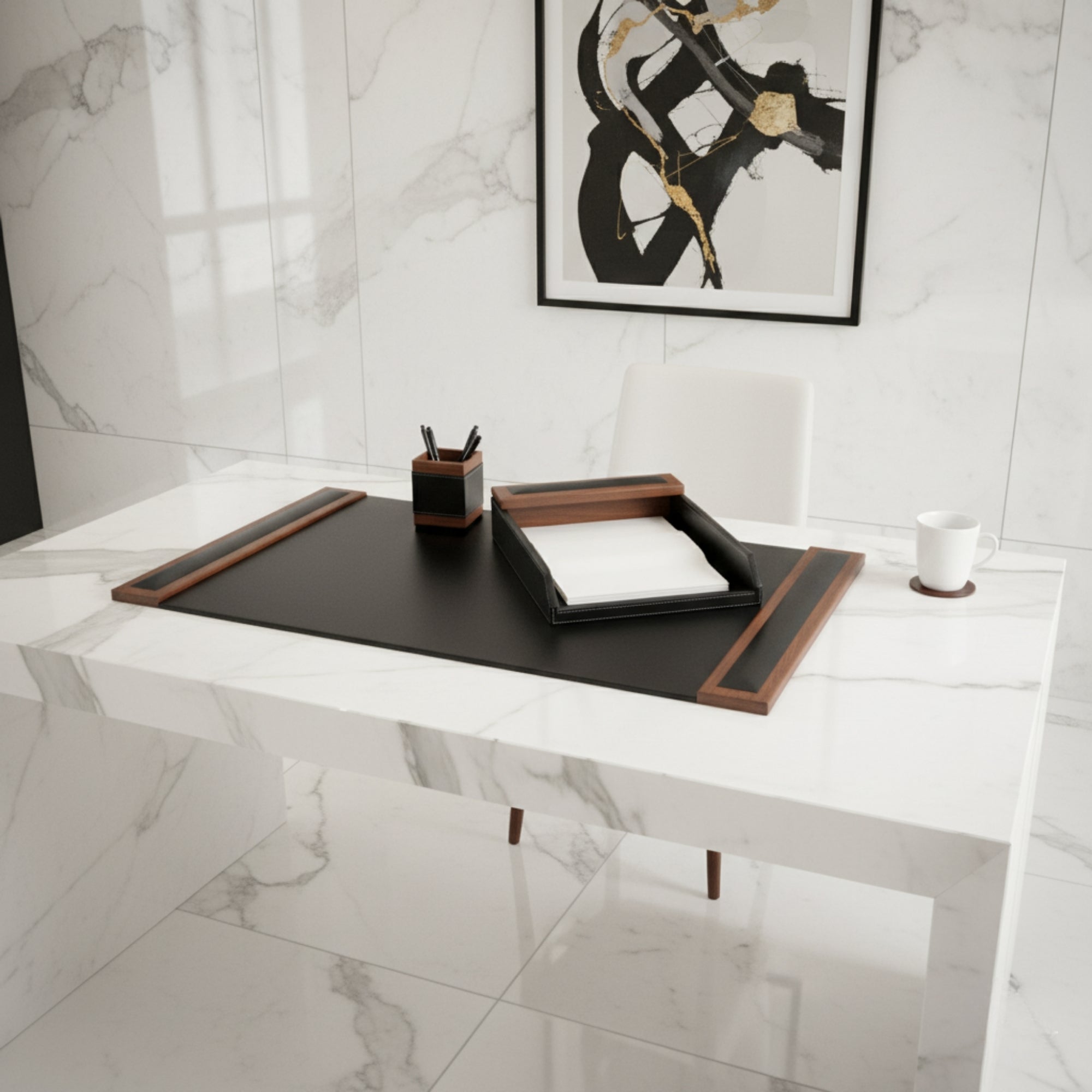 Walnut & Leather 3-Piece Desk Set