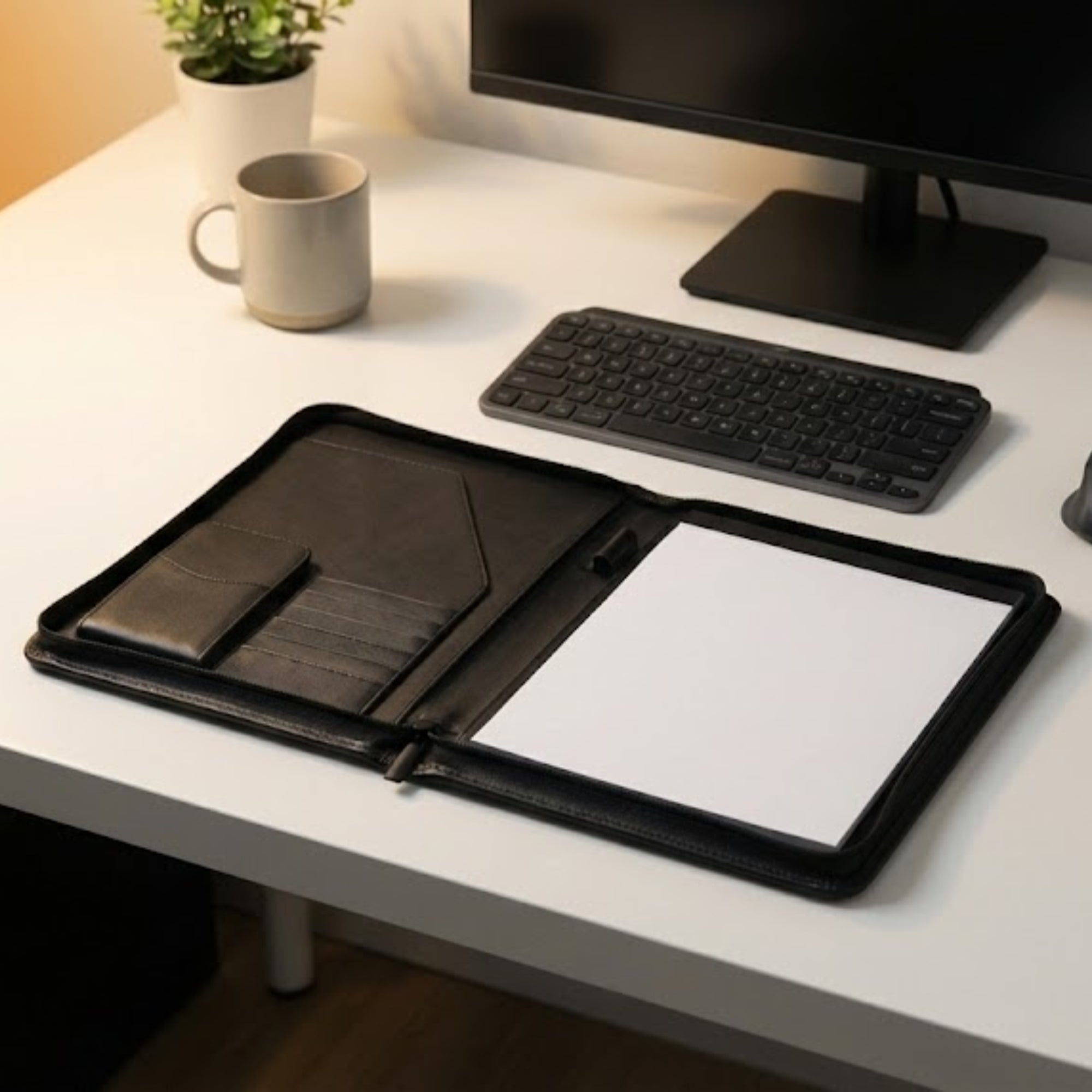 Classic Black Leather Deluxe Letter-Size Zip-Around Portfolio