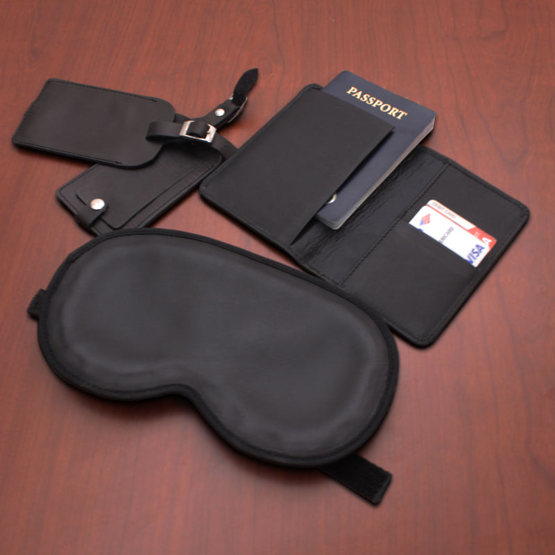 Black Leather 4-Piece Travel Accessory Set