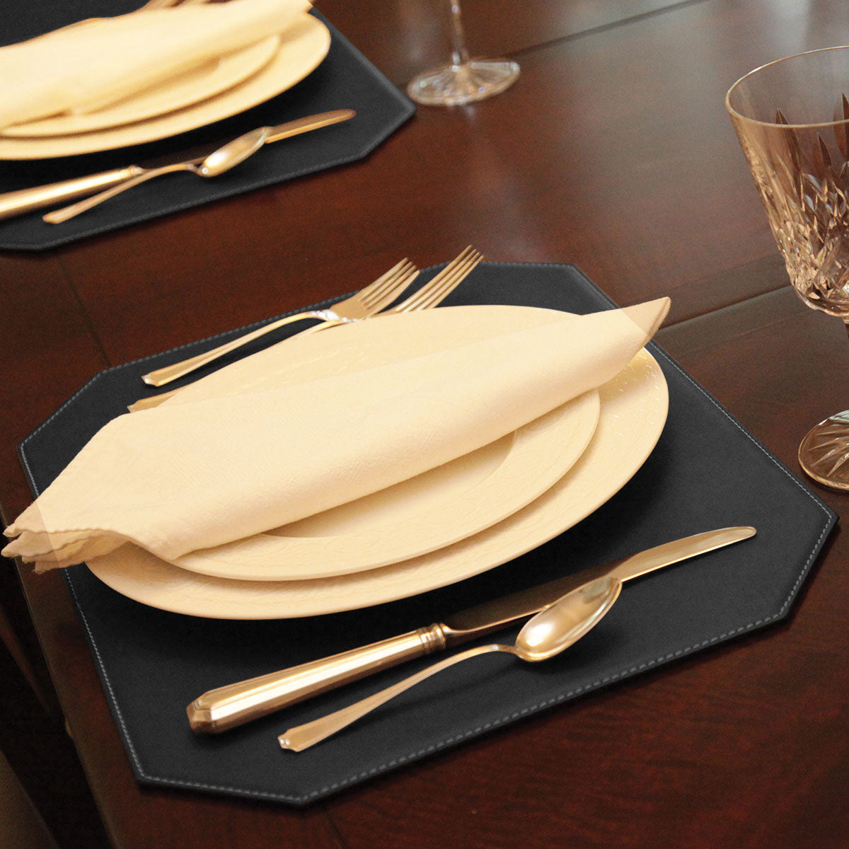 Black 17" x 12" Leatherette Cut Corner Placemat w/ White Stitching