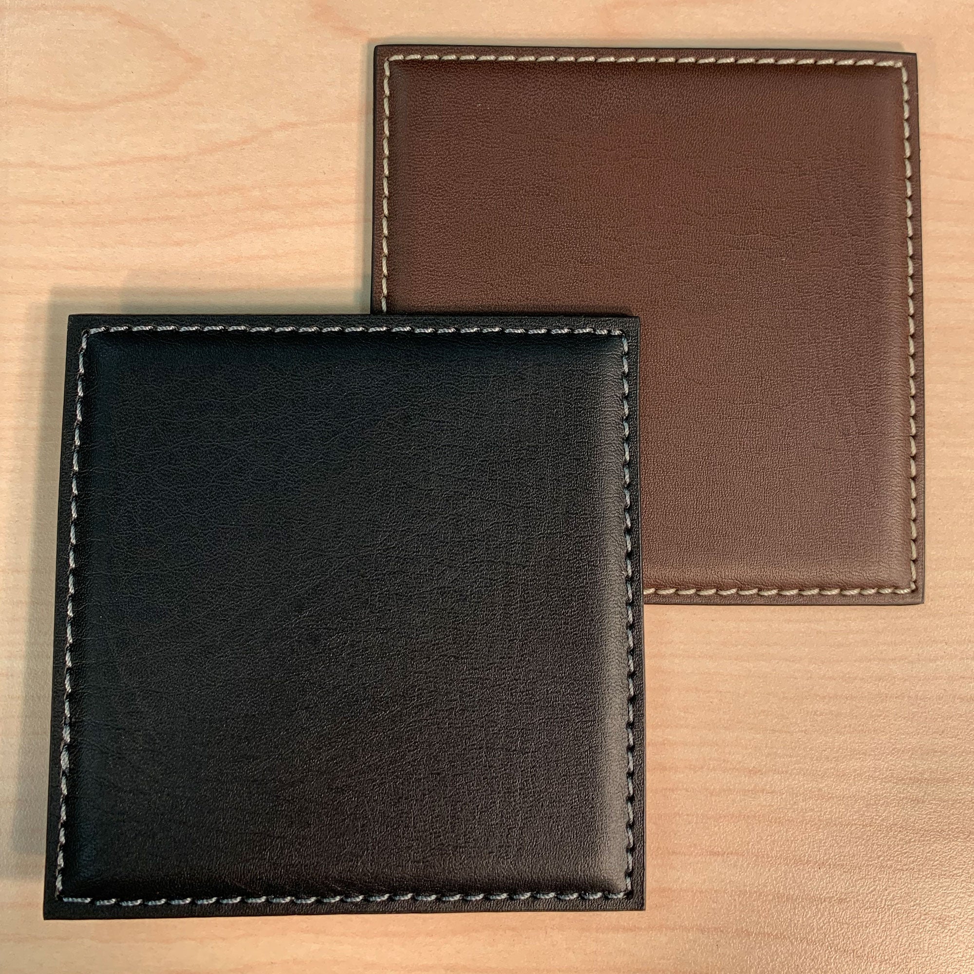 Black Leatherette Low Profile Coaster w/ White Stitching