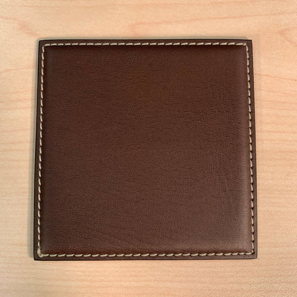 Brown Leatherette Low Profile Square Coaster w/ White Stitching