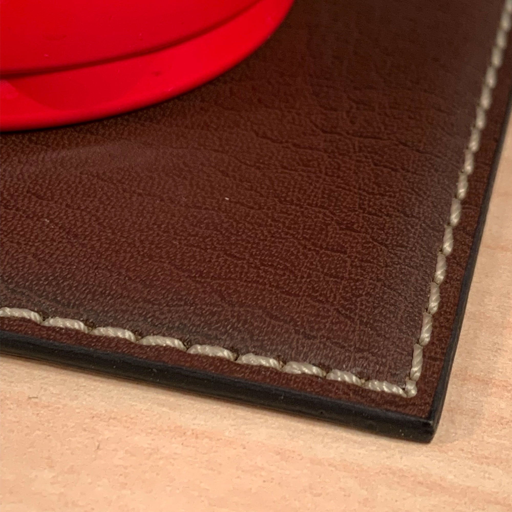 Brown Leatherette Low Profile Square Coaster w/ White Stitching