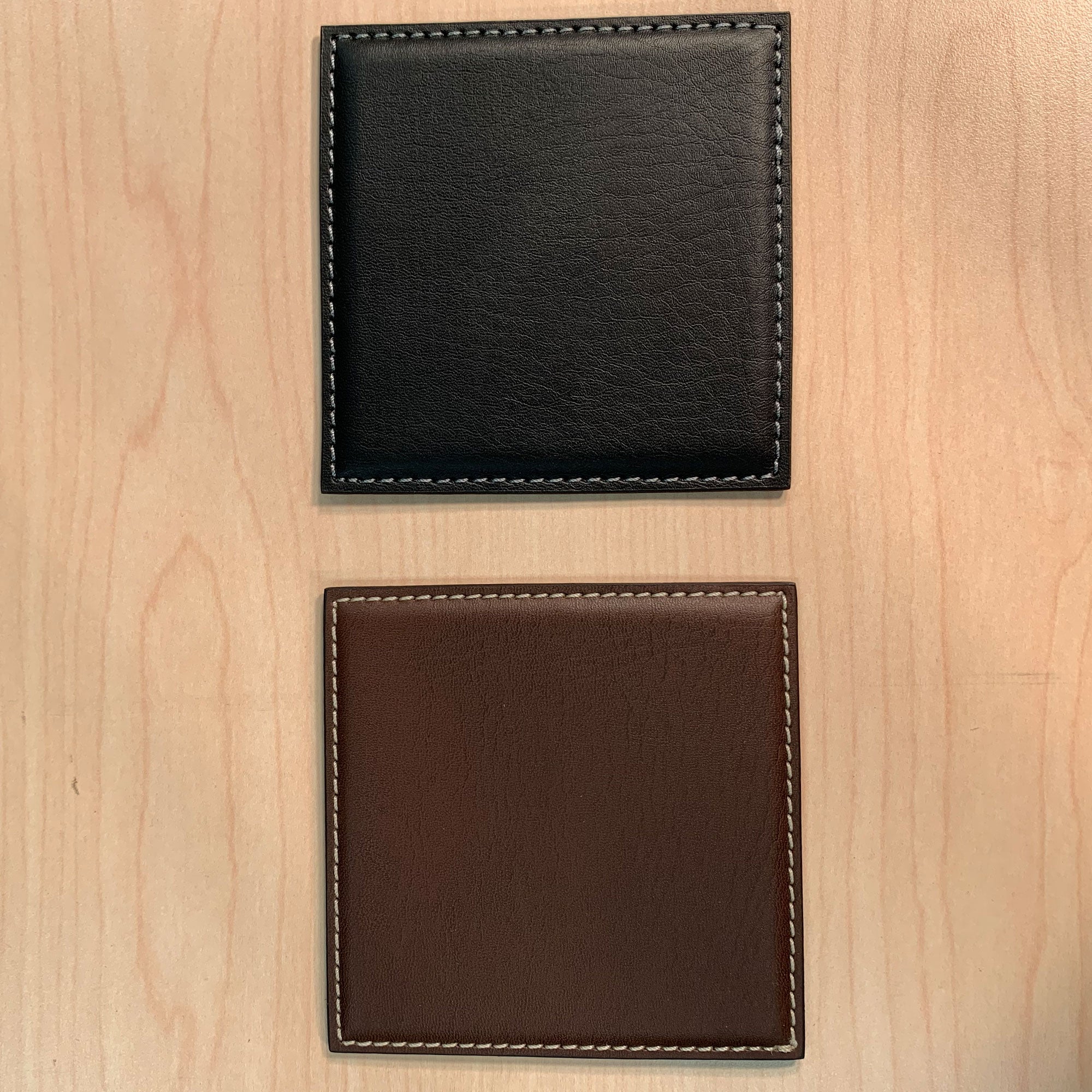 Brown Leatherette Low Profile Square Coaster w/ White Stitching