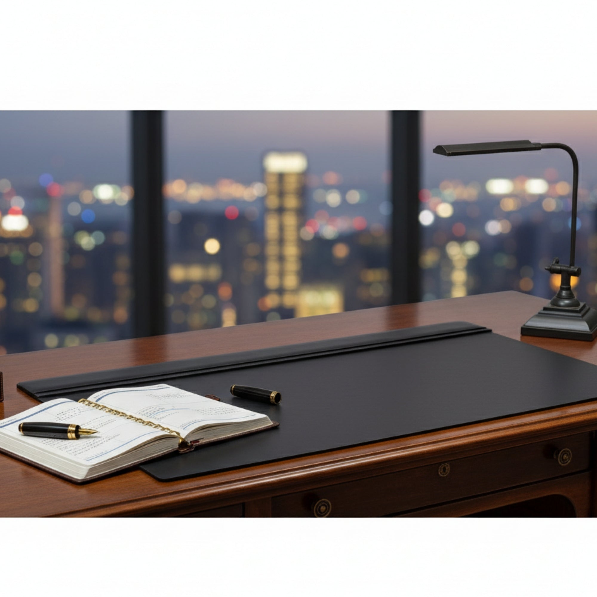 Classic Black Leather 34" X 20" Top-Rail Desk Pad