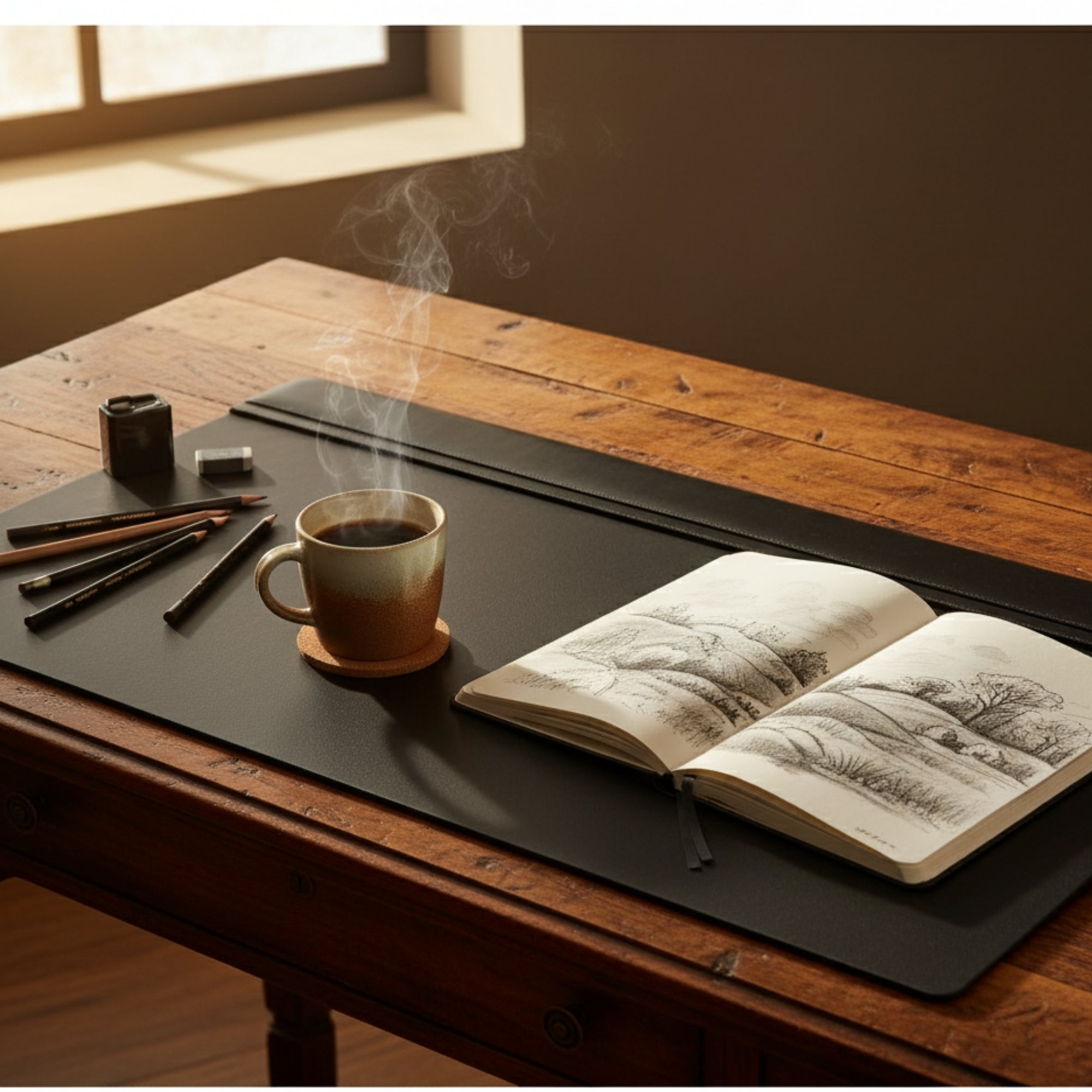 Classic Black Leather 34" X 20" Top-Rail Desk Pad