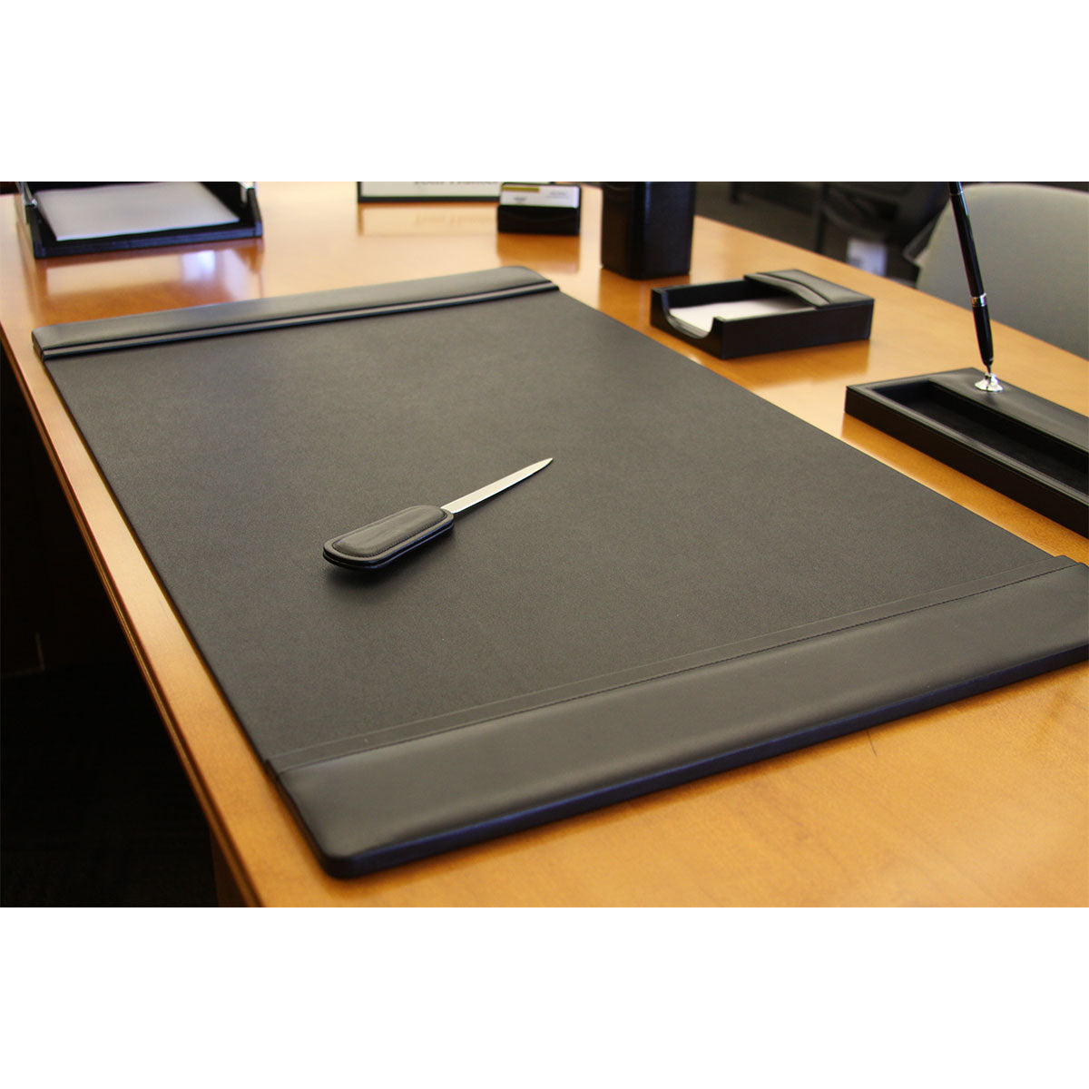 Black Leather 38" x 24" Side-Rail Desk Pad