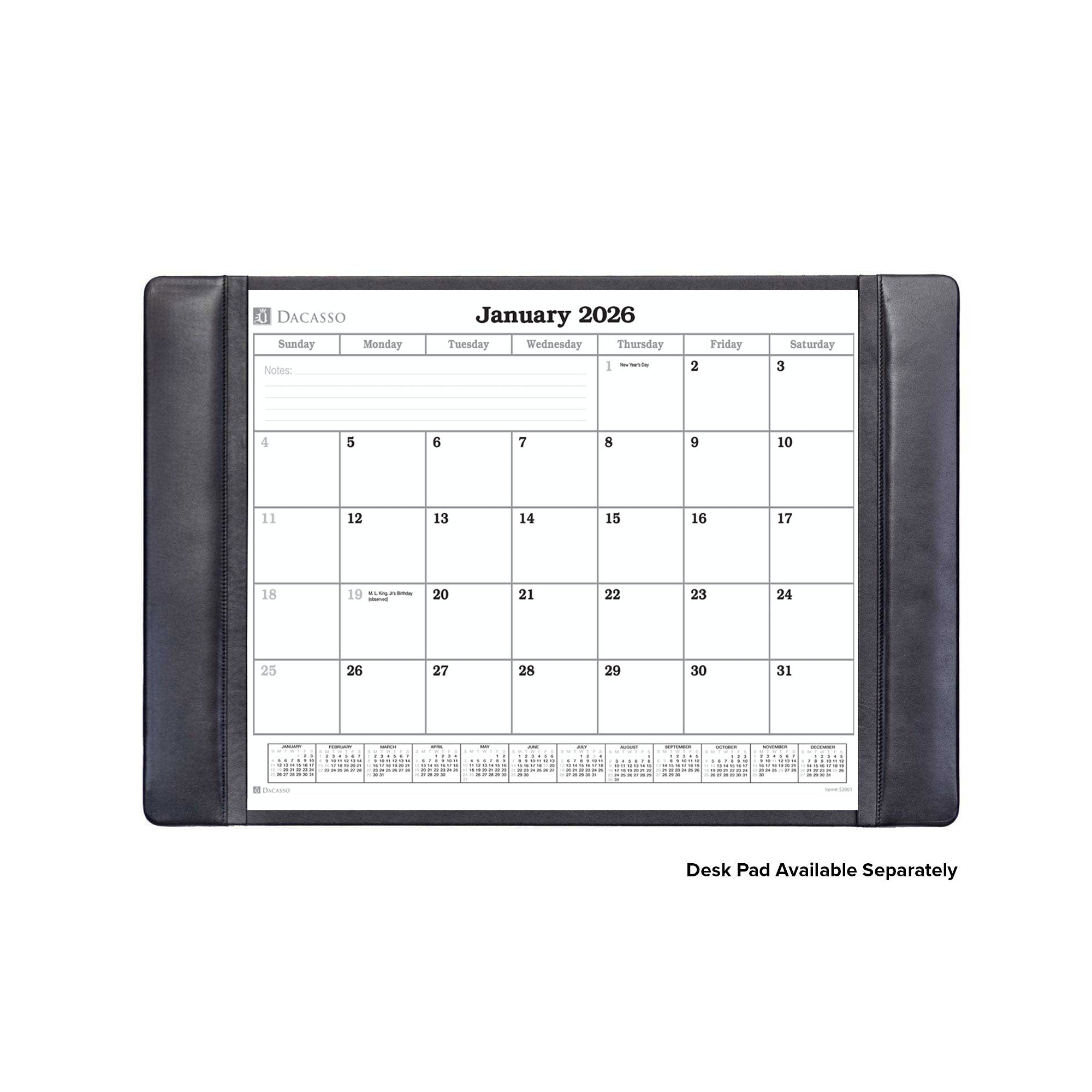 Black Leather Desk Pad w/ Calendar Insert, 25.5 x 17.25