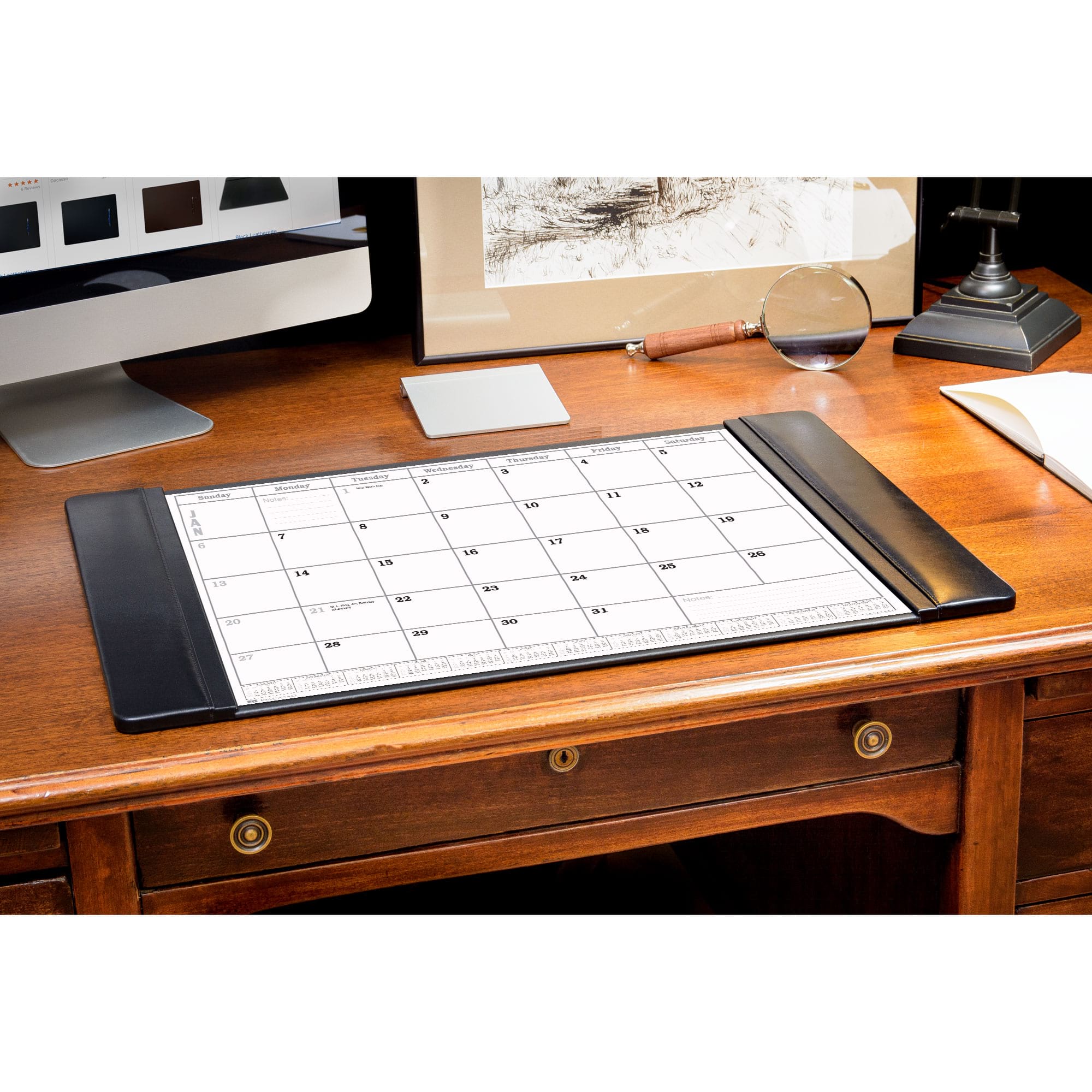 Black Leather Desk Pad w/ Calendar Insert, 25.5 x 17.25