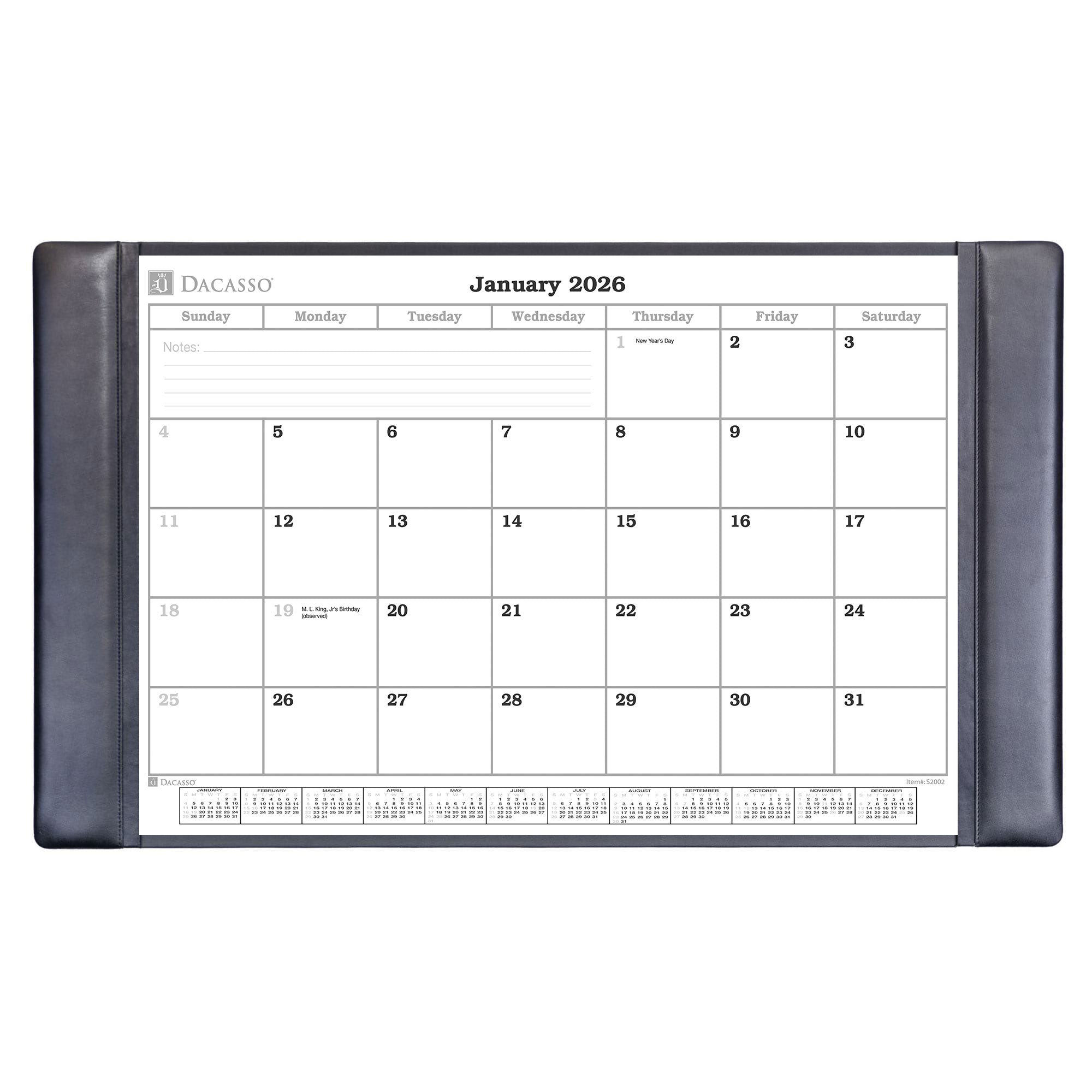 Black Leather Desk Pad w/ Calendar Insert, 34 x 20
