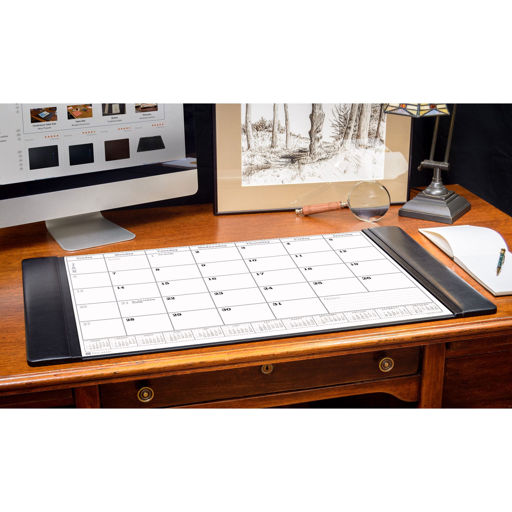 Black Leather Desk Pad w/ Calendar Insert, 34 x 20